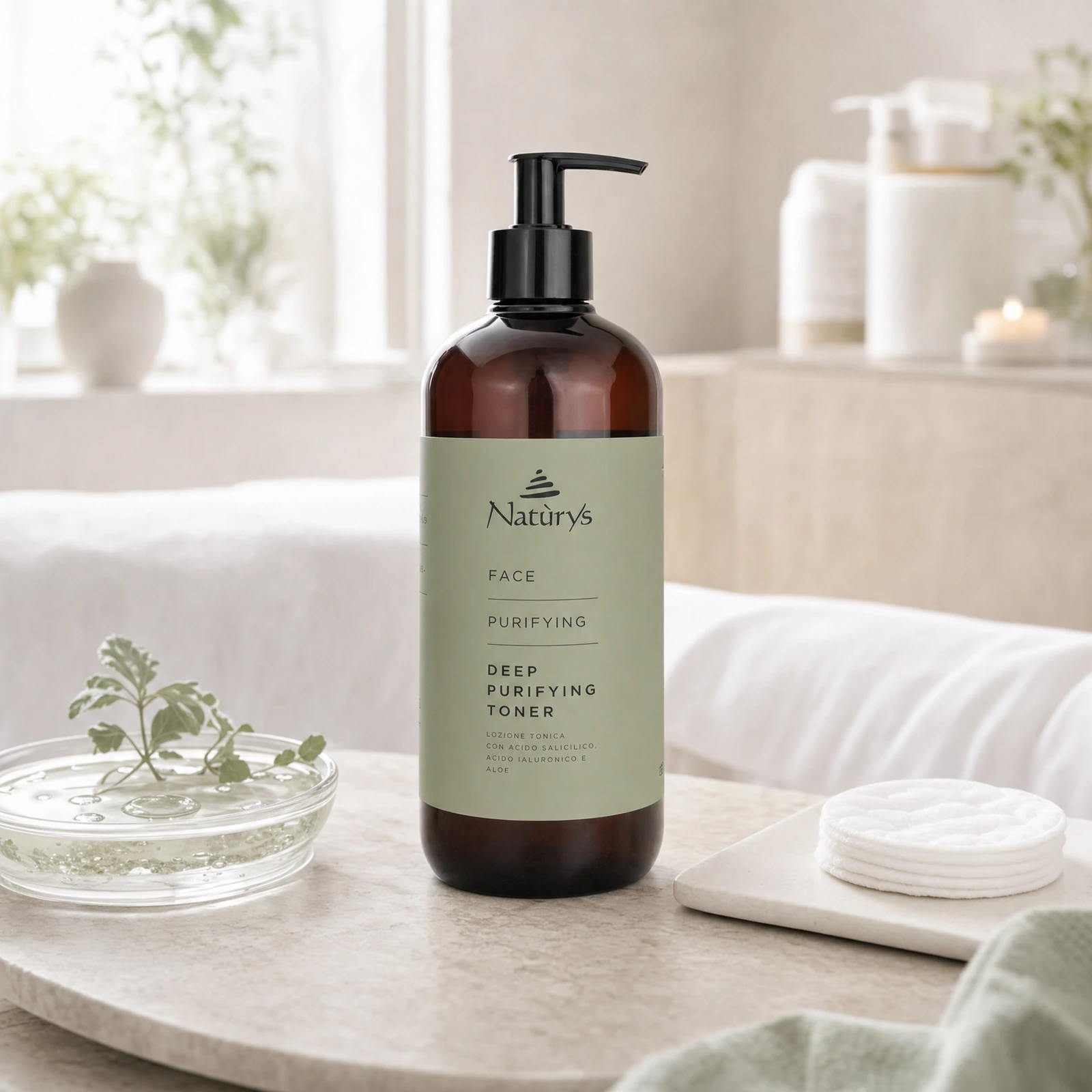 Naturys Face Deep Purifying Toner 500ml in a premium professional facial treatment room setting for salon, spa and clinic purifying toner treatments.