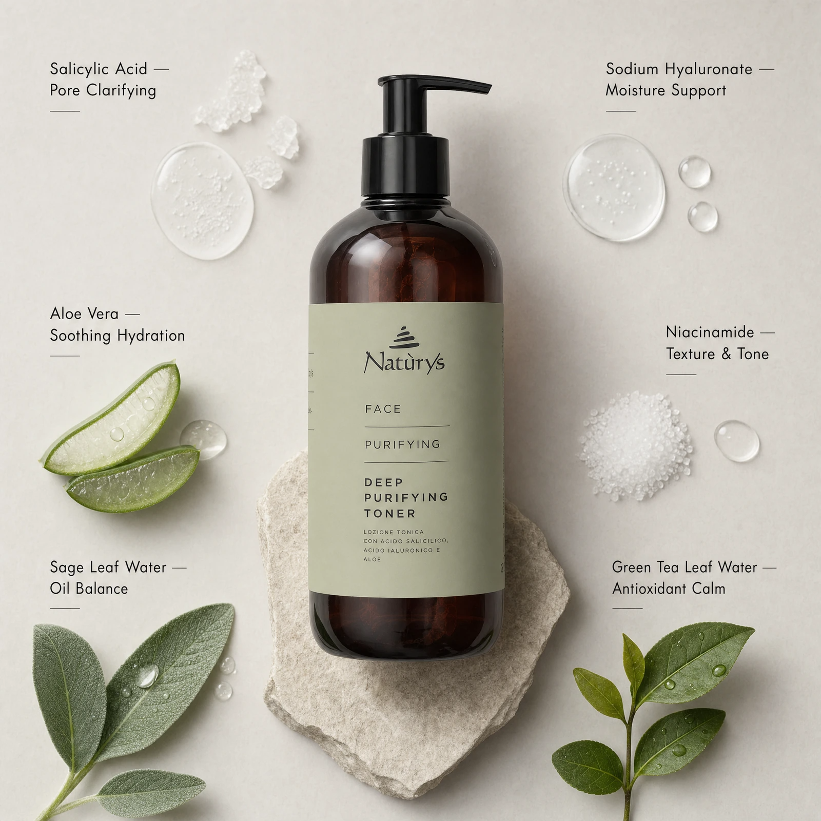 Naturys Face Deep Purifying Toner 500ml ingredient flatlay featuring salicylic acid, aloe vera, sodium hyaluronate, niacinamide, sage leaf water and green tea leaf water.