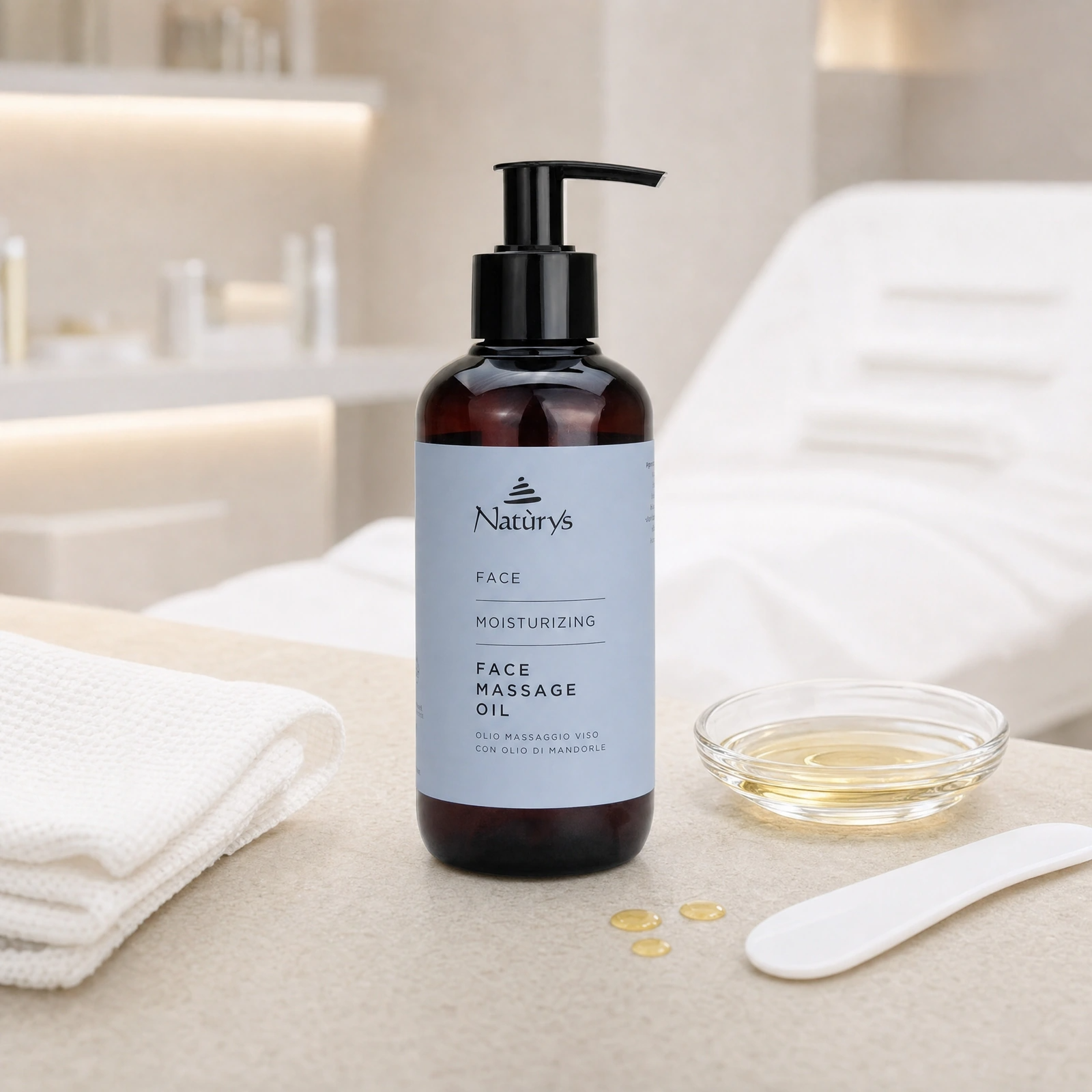Naturys Face Moisturizing Massage Oil 250ml displayed in a premium clinical treatment-room setting for professional facial massage, nourishment and radiance protocols.