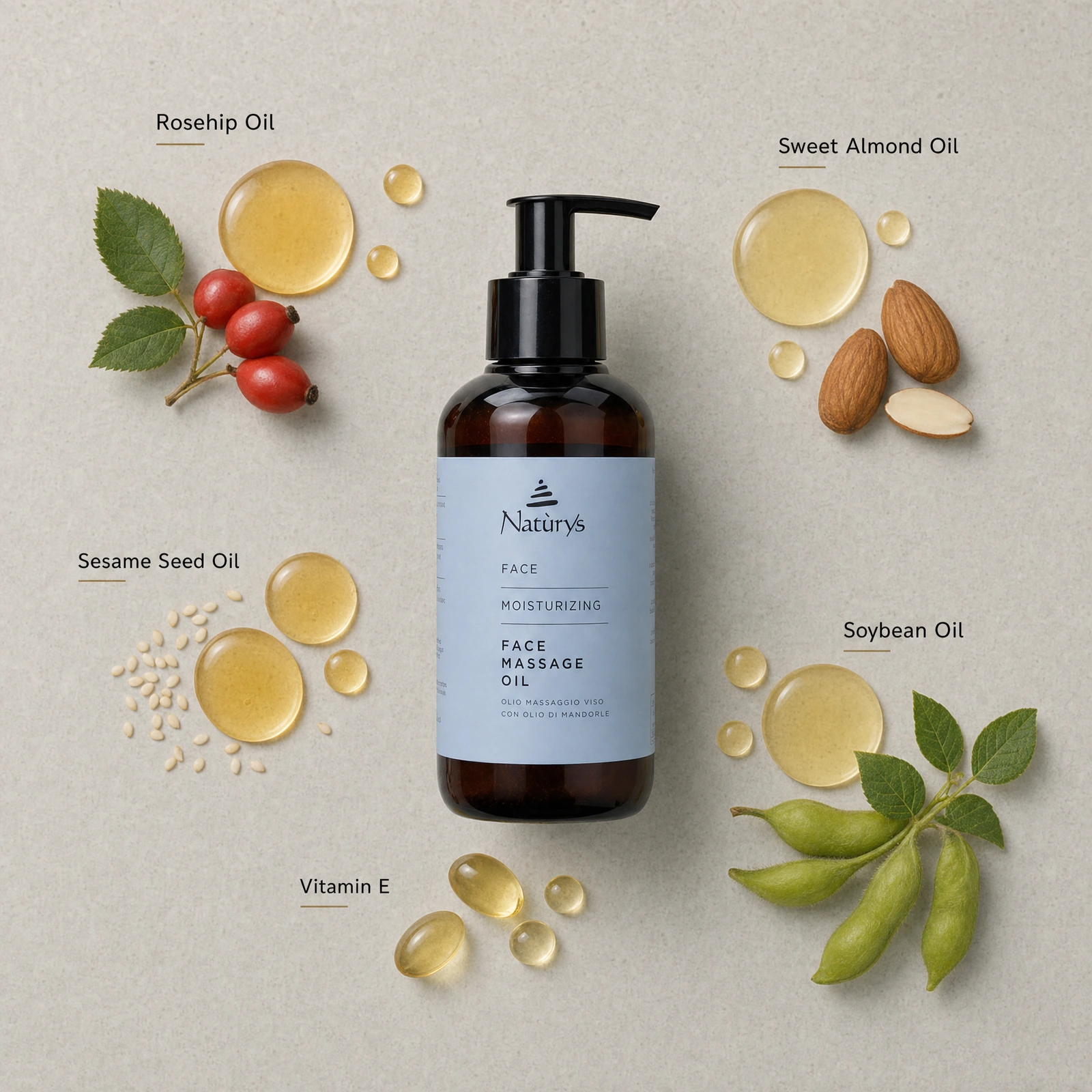 Naturys Face Moisturizing Massage Oil 250ml ingredient flatlay with Rosehip Oil, Sweet Almond Oil, Sesame Seed Oil, Soybean Oil and Vitamin E.