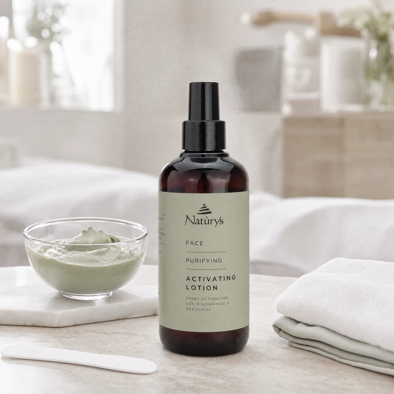 Naturys Face Purifying Activating Lotion 250ml in a premium professional facial treatment room setting for salon, spa and clinic mask activation treatments.