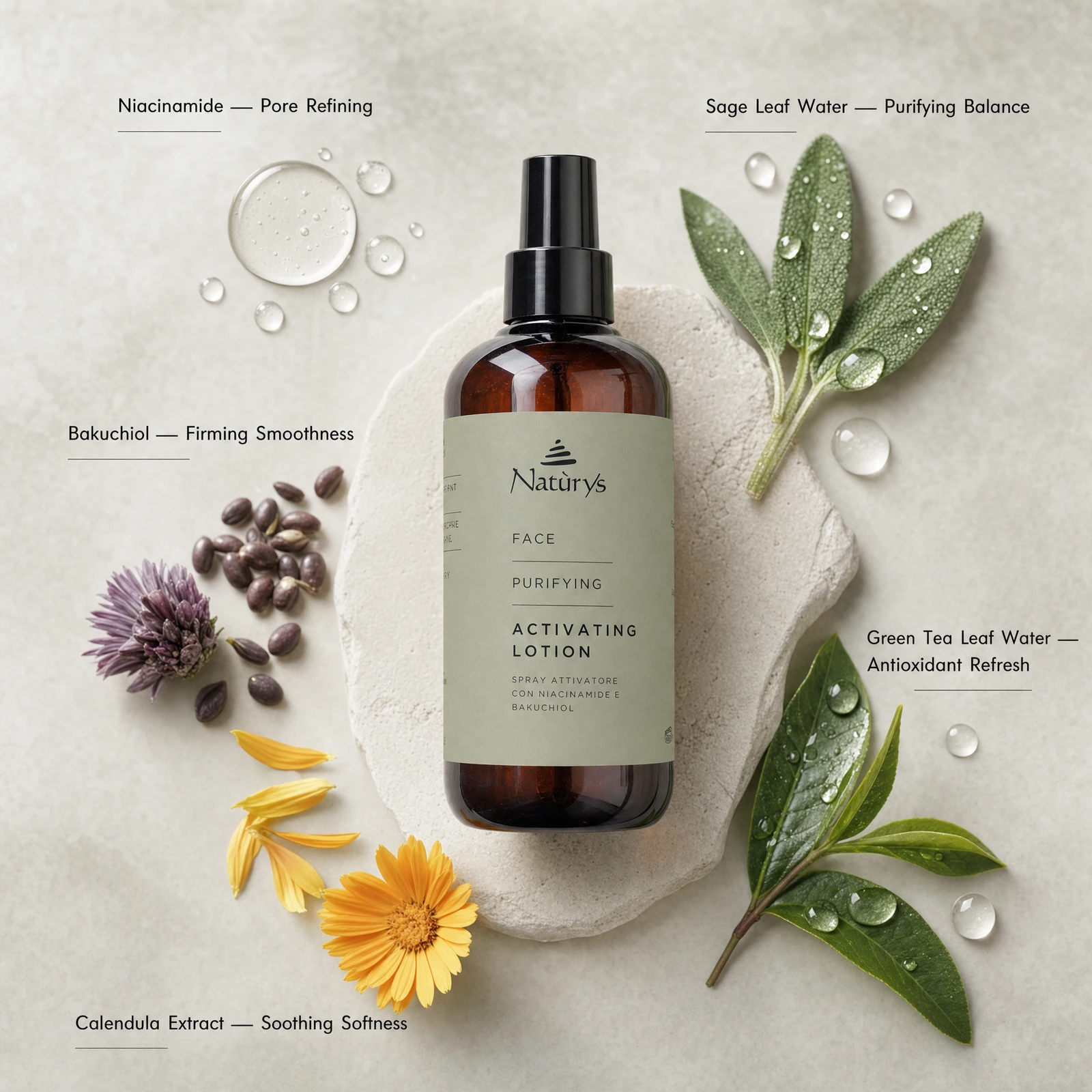 Naturys Face Purifying Activating Lotion 250ml ingredient flatlay featuring niacinamide, bakuchiol, sage leaf water, green tea leaf water and calendula extract.
