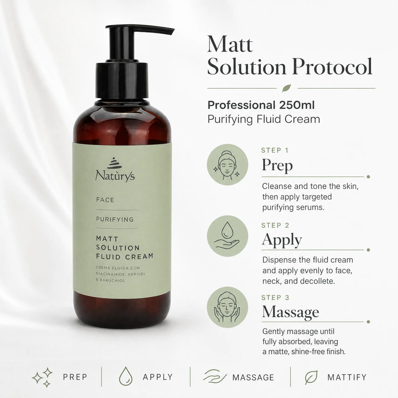 Naturys Face Purifying Matt Solution Fluid Cream 250ml clinic-use education image detailing the professional 3-step Prep, Apply, and Massage backbar purifying finishing protocol.