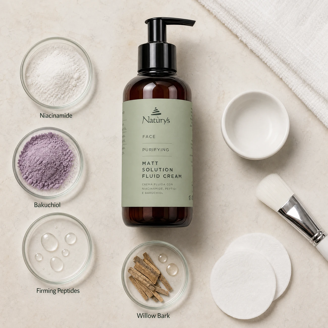 Naturys Face Purifying Matt Solution Fluid Cream 250ml ingredients flatlay with niacinamide, bakuchiol, firming peptides, and willow bark extract in clean glass petri dishes for professional B2B education.