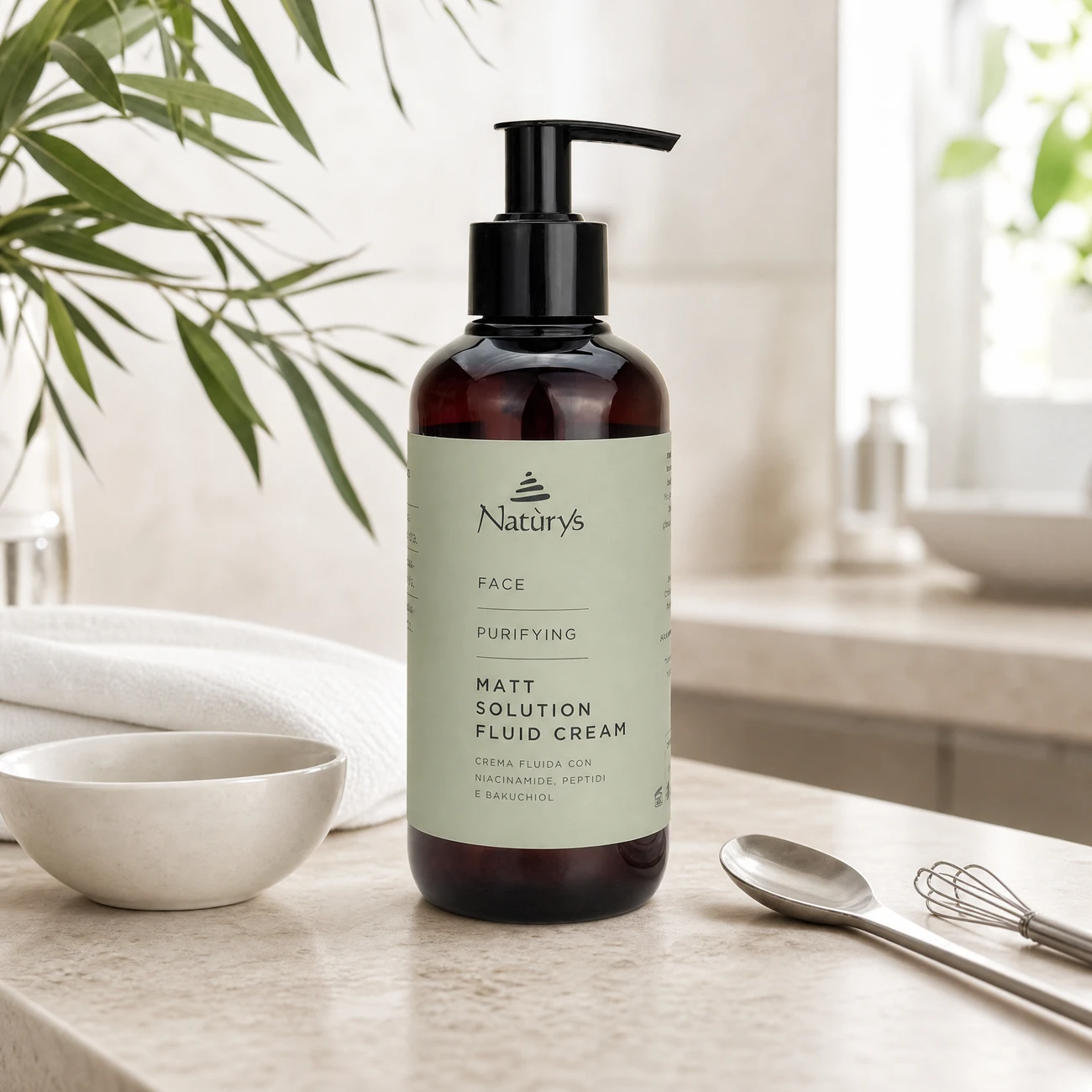 Naturys Face Purifying Matt Solution Fluid Cream 250ml professional amber pump bottle with sage green label styled in a serene clinical spa treatment room for Beauty Collective Pro.