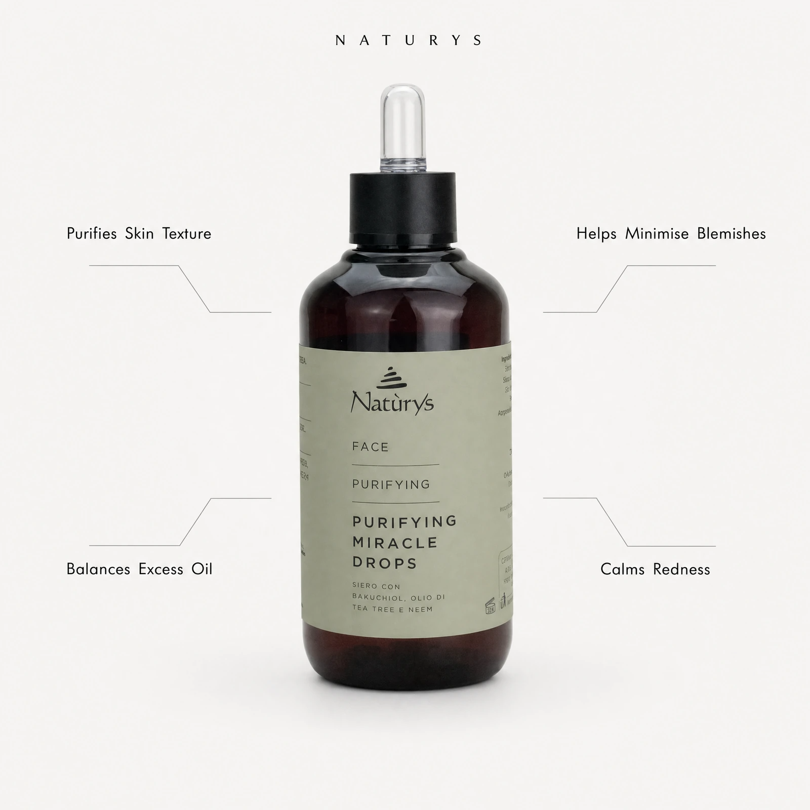 Naturys Face Purifying Miracle Drops 100ml benefit callout image highlighting skin texture purification, blemish minimising, oil balancing and redness calming benefits.