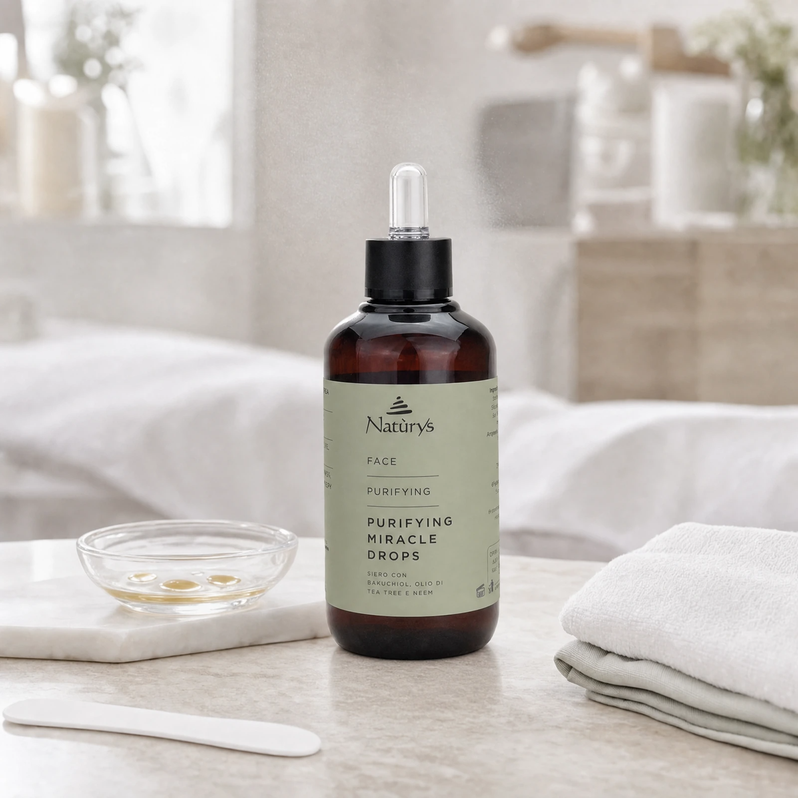 Naturys Face Purifying Miracle Drops 100ml in a premium professional facial treatment room setting for salon, spa and clinic purifying treatment support.
