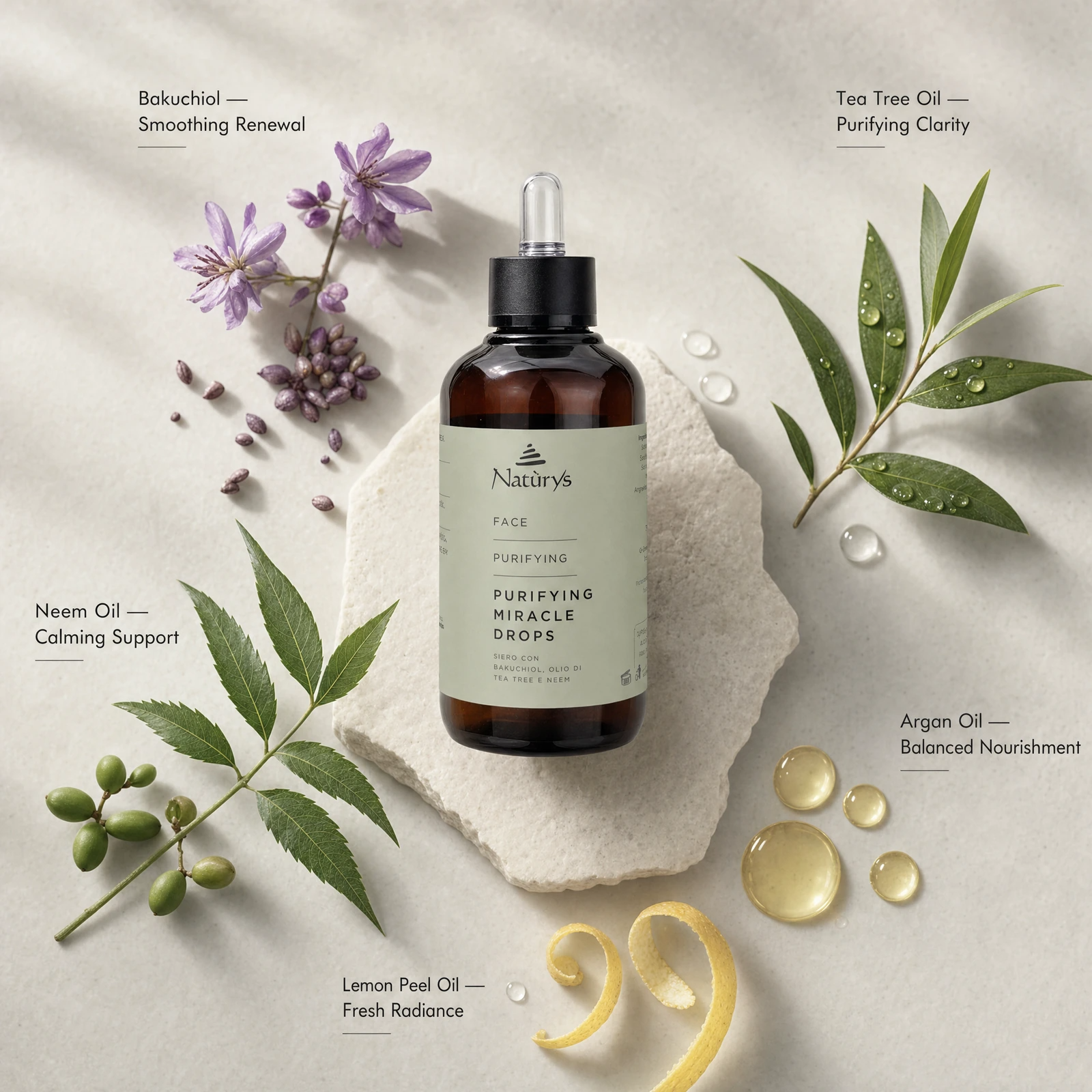 Naturys Face Purifying Miracle Drops 100ml ingredient flatlay featuring bakuchiol, tea tree oil, neem oil, argan oil and lemon peel oil.