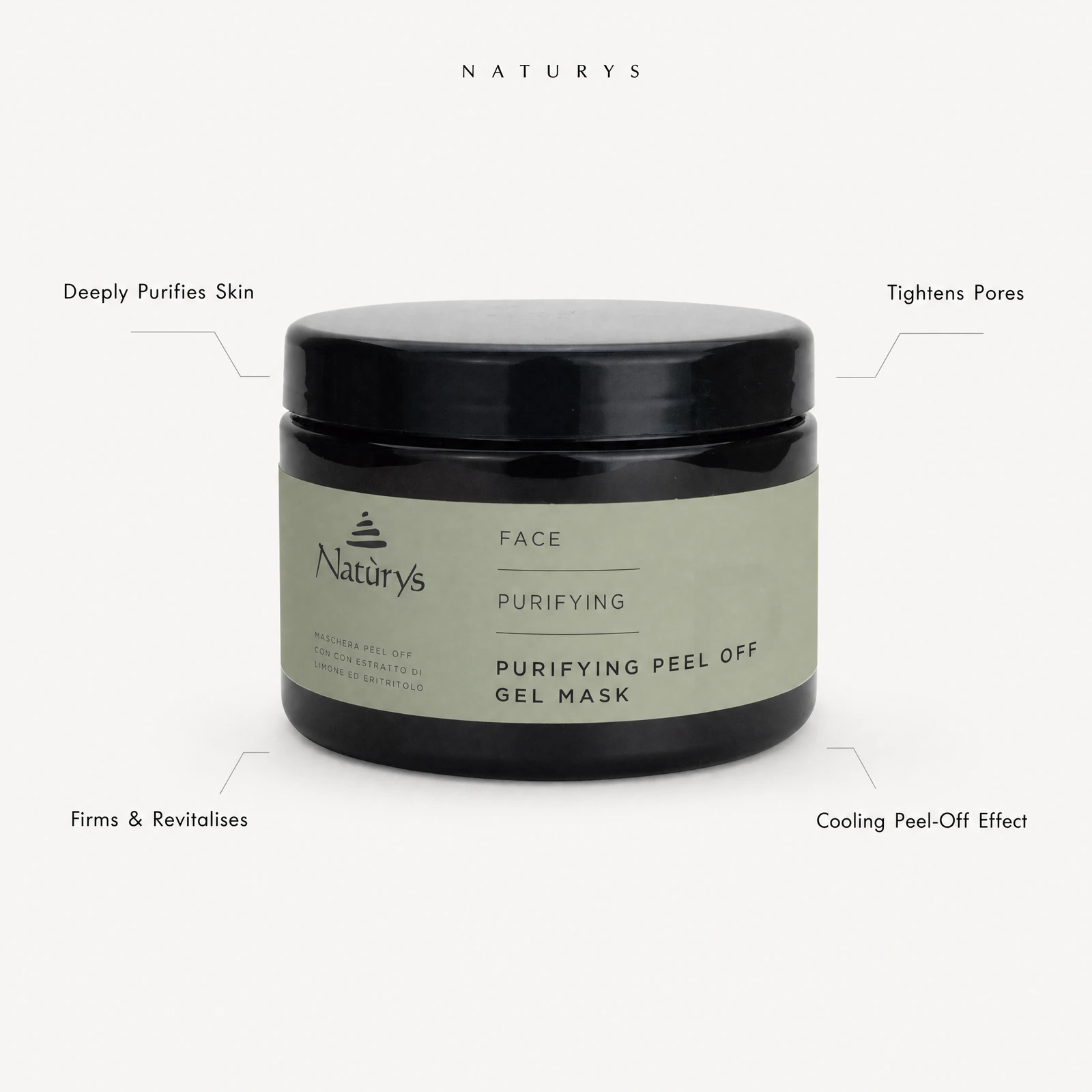 Naturys Face Purifying Peel Off Gel Mask 500ml benefit callout image highlighting deep purification, pore tightening, firming revitalisation and cooling peel-off effect.