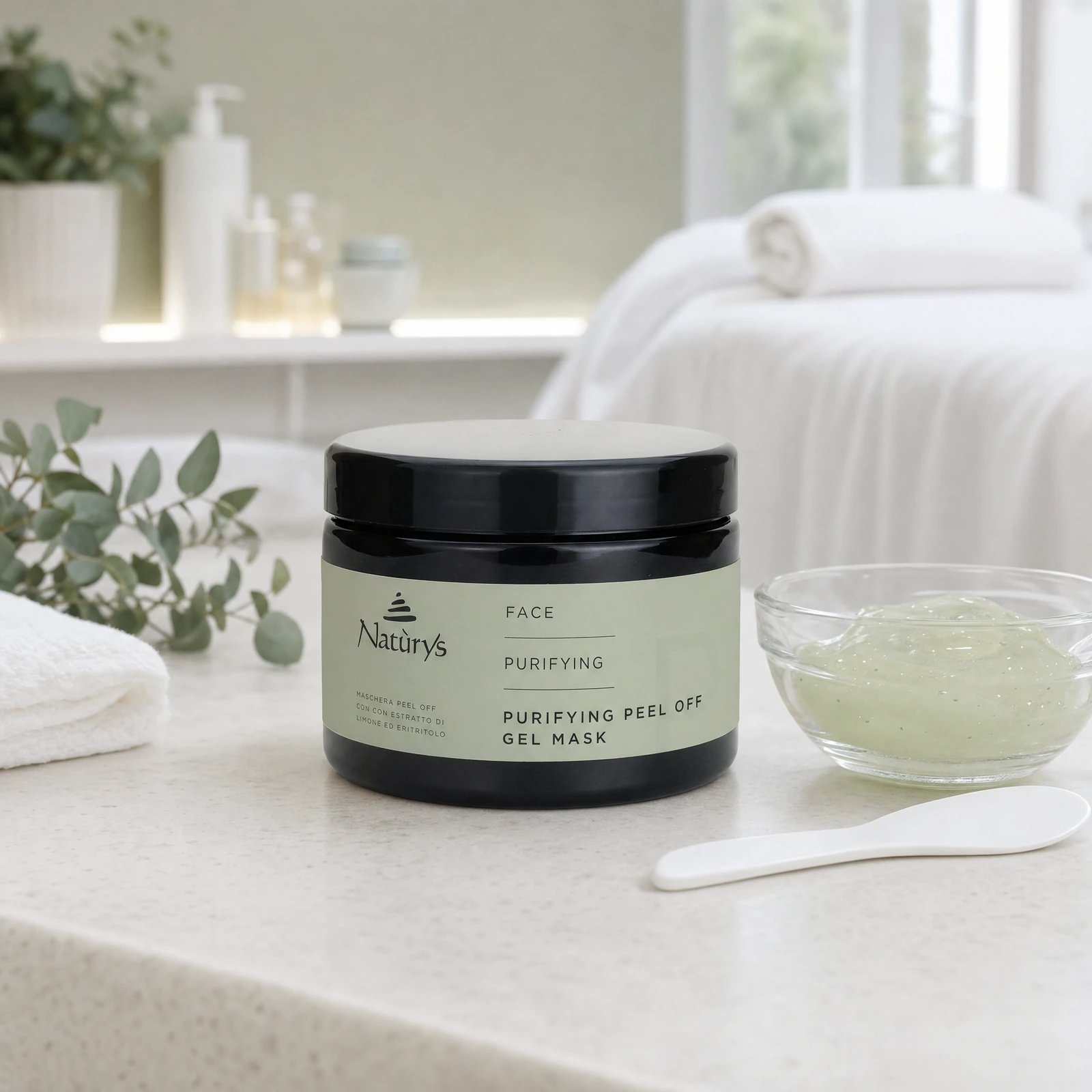 Naturys Face Purifying Peel Off Gel Mask 500ml in a premium professional facial treatment room setting for salon, spa and clinic purifying mask treatments.