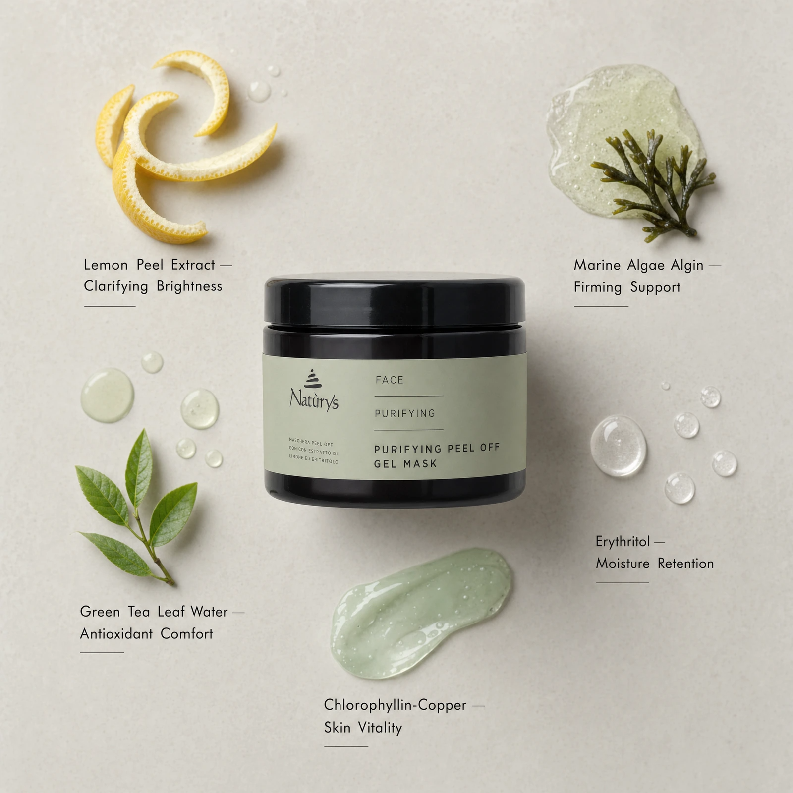 Naturys Face Purifying Peel Off Gel Mask 500ml ingredient flatlay featuring lemon peel extract, marine algae algin, green tea leaf water, erythritol and chlorophyllin-copper complex.