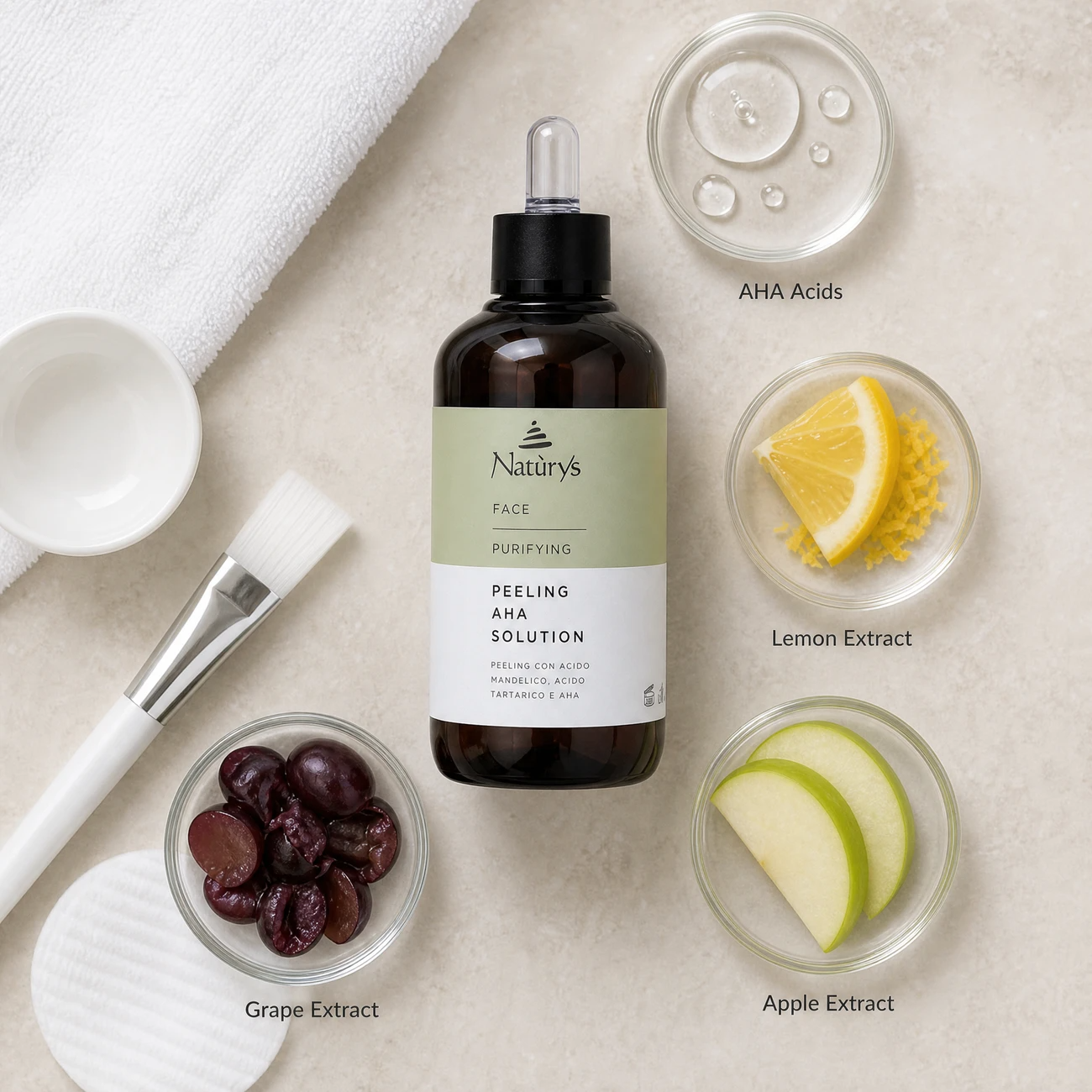 Naturys Face Purifying Peeling AHA Solution 100ml ingredients flatlay with AHA acids, lemon extract, grape skin extract, and apple extract in clean glass petri dishes for professional B2B education.