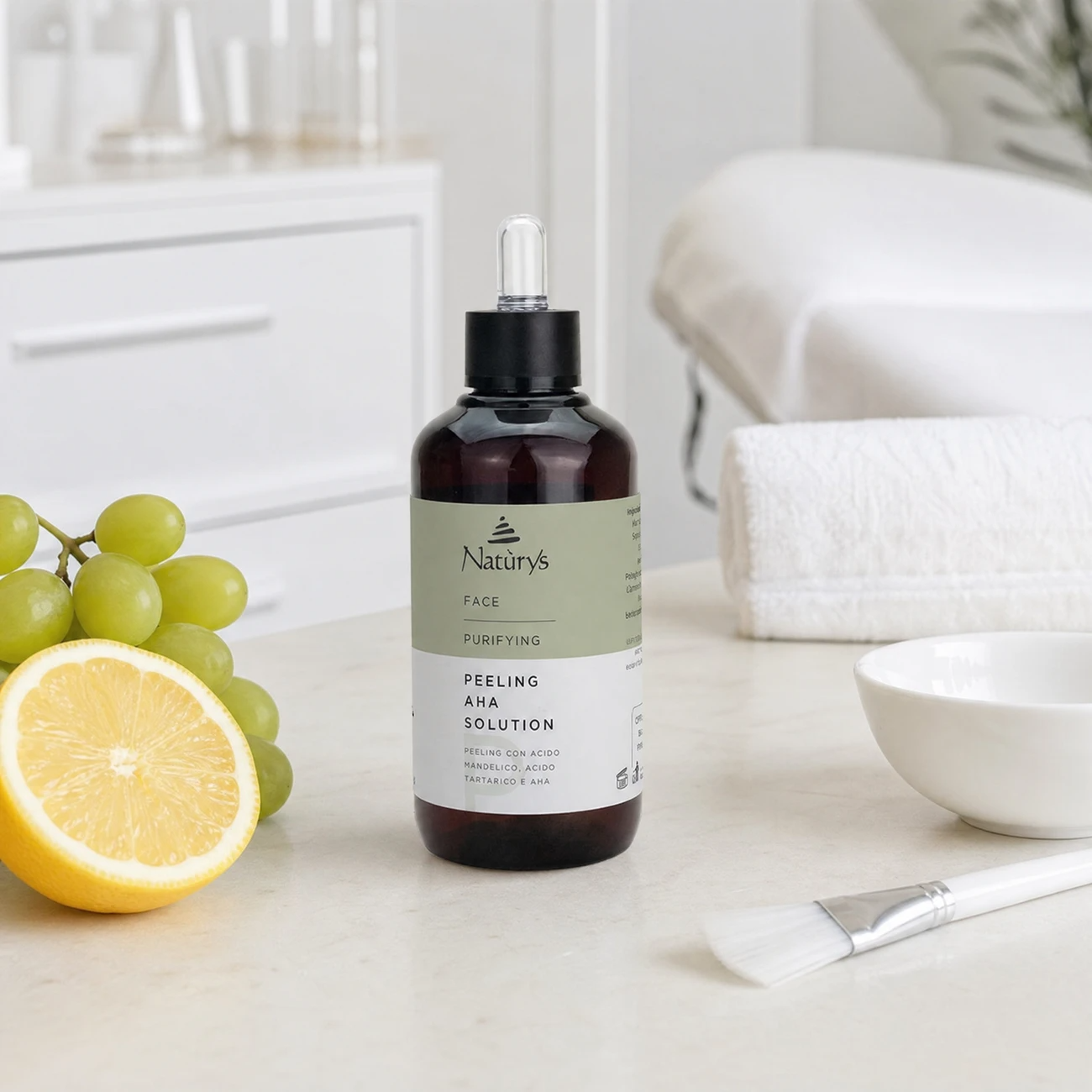 Naturys Face Purifying Peeling AHA Solution 100ml professional amber dropper bottle styled in a serene clinical spa treatment room for Beauty Collective Pro.