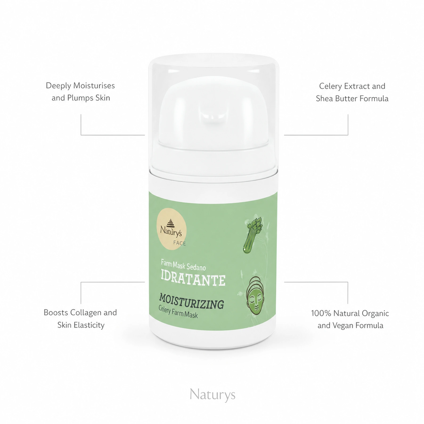 Naturys Moisturising Celery Farm Mask 50ml on white background with four benefit callouts: Deeply Moisturises and Plumps Skin, Celery Extract and Shea Butter Formula, Boosts Collagen and Skin Elasticity, 100% Natural Organic and Vegan Formula