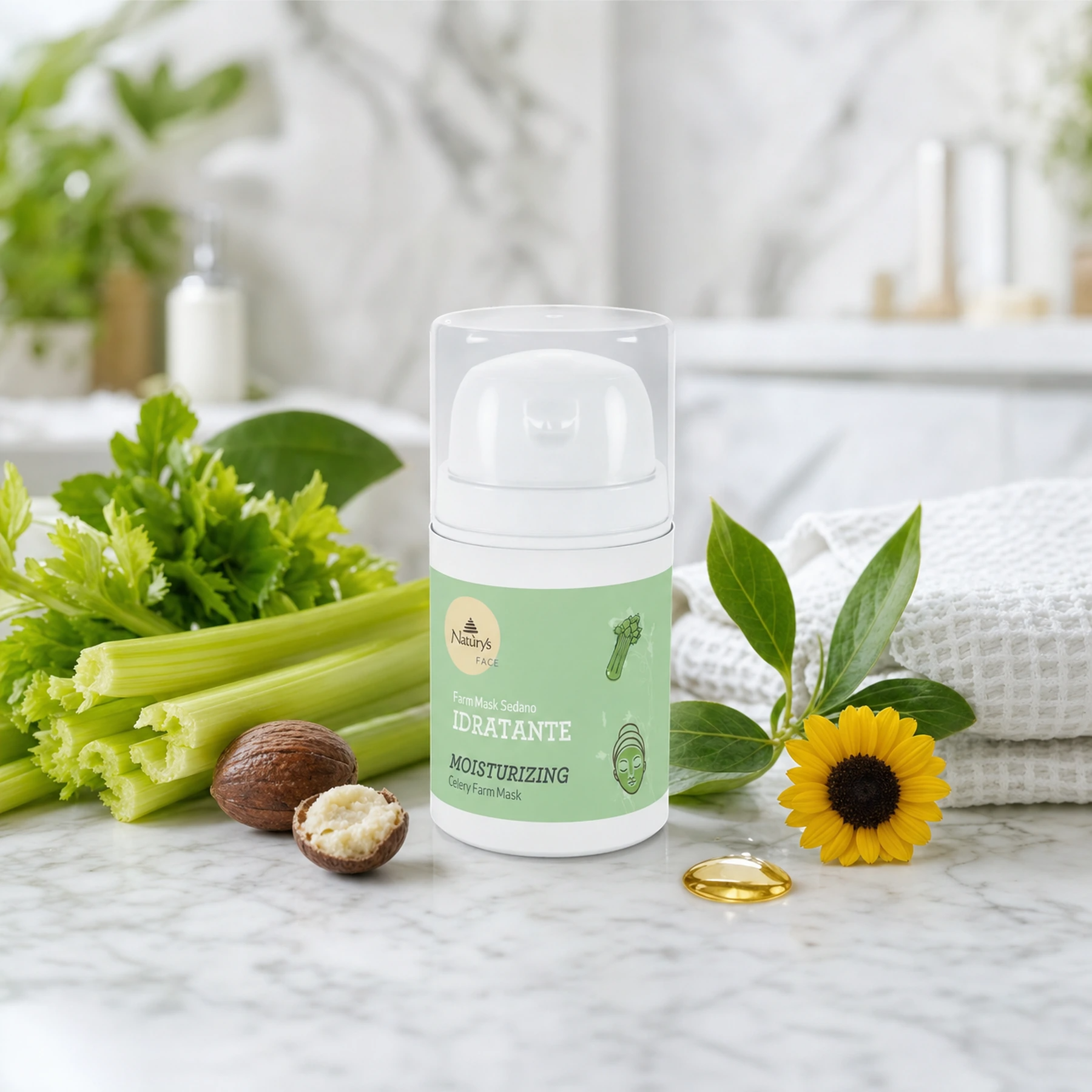 Naturys Moisturising Celery Farm Mask 50ml on a cool white marble spa surface with fresh celery stalks and leaves, a shea nut, a sunflower, a golden vitamin E oil droplet, green leaves, and a folded white waffle spa cloth in a bright airy luxury spa treatment room