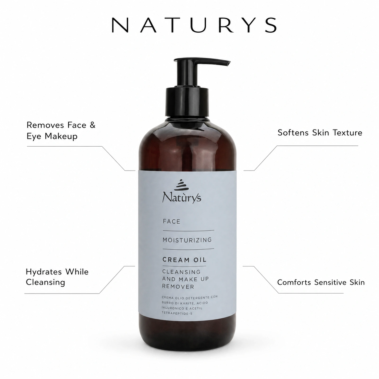Naturys Moisturising Cream Oil Cleansing and Makeup Remover 500ml with professional benefit callouts for removing face and eye makeup, hydrating while cleansing, softening skin texture and comforting sensitive skin.