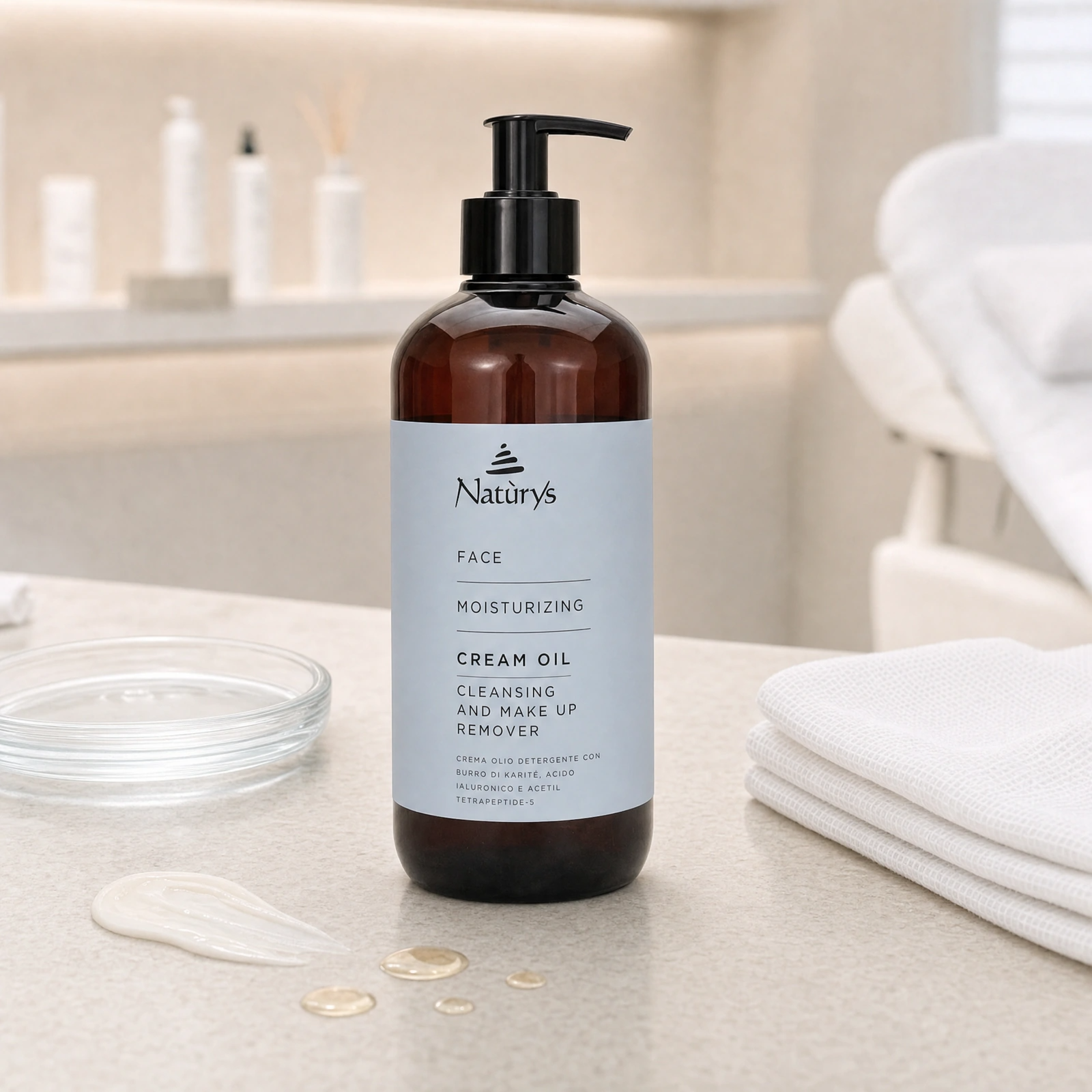 Naturys Moisturising Cream Oil Cleansing and Makeup Remover 500ml displayed in a premium clinical treatment-room setting for professional hydrating cleansing and makeup removal protocols.