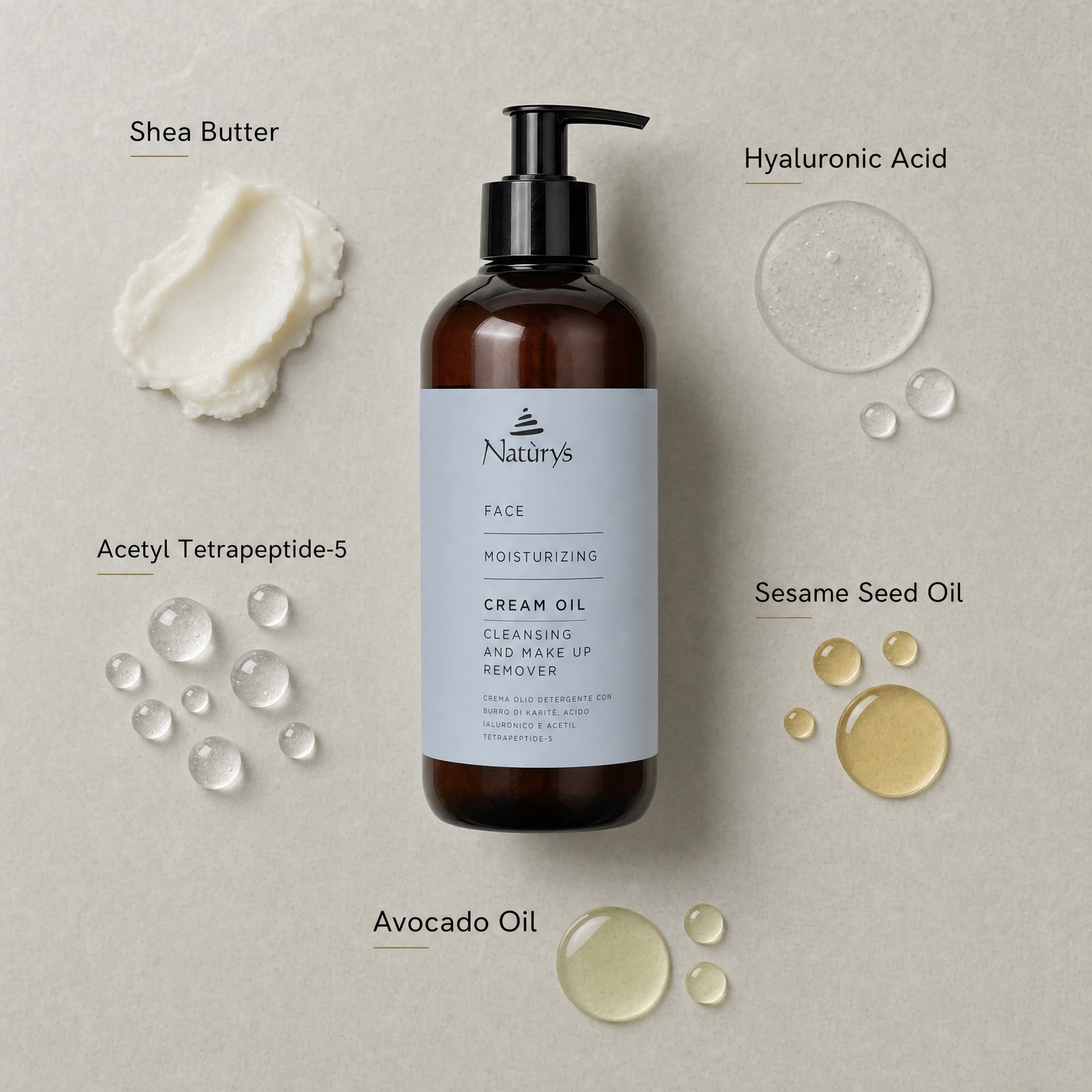 Naturys Moisturising Cream Oil Cleansing and Makeup Remover 500ml ingredient flatlay with Shea Butter, Hyaluronic Acid, Acetyl Tetrapeptide-5, Sesame Seed Oil and Avocado Oil.