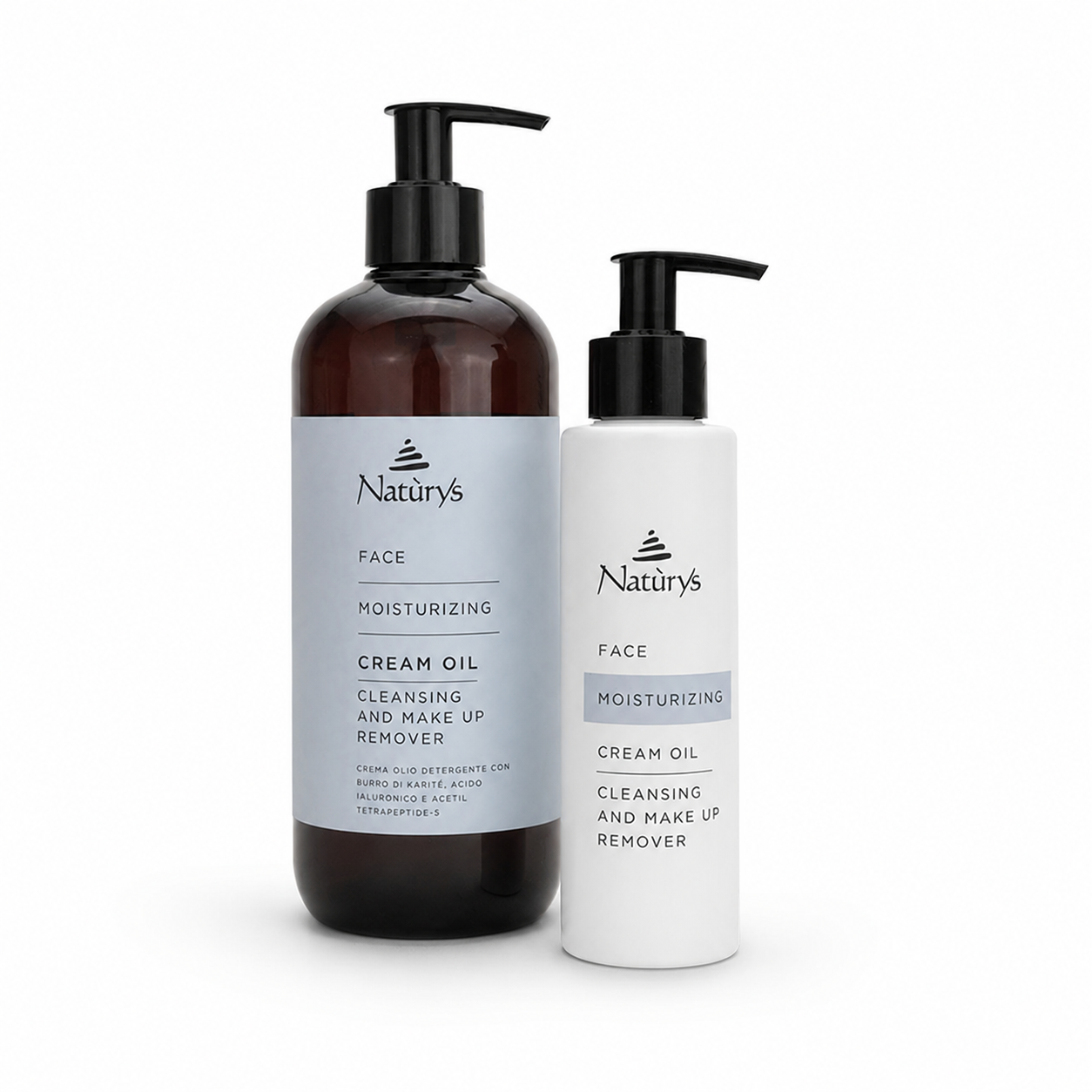 Naturys Moisturising Cream Oil Cleansing and Makeup Remover retail and professional variant image showing the 150ml retail pump bottle and larger 500ml professional amber pump bottle together on a clean white background.