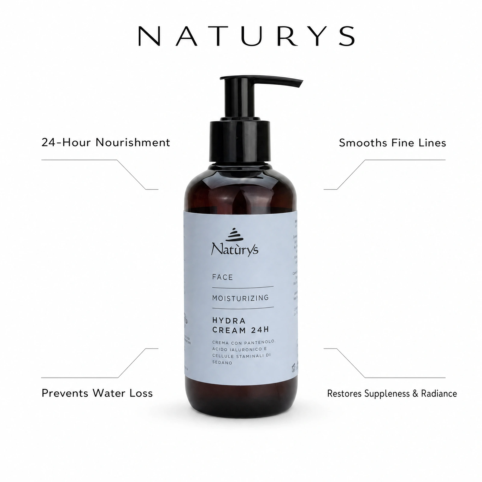 Naturys Moisturising Hydra Cream 24H 250ml with professional benefit callouts for 24-hour nourishment, preventing water loss, smoothing fine lines and restoring suppleness with radiance.