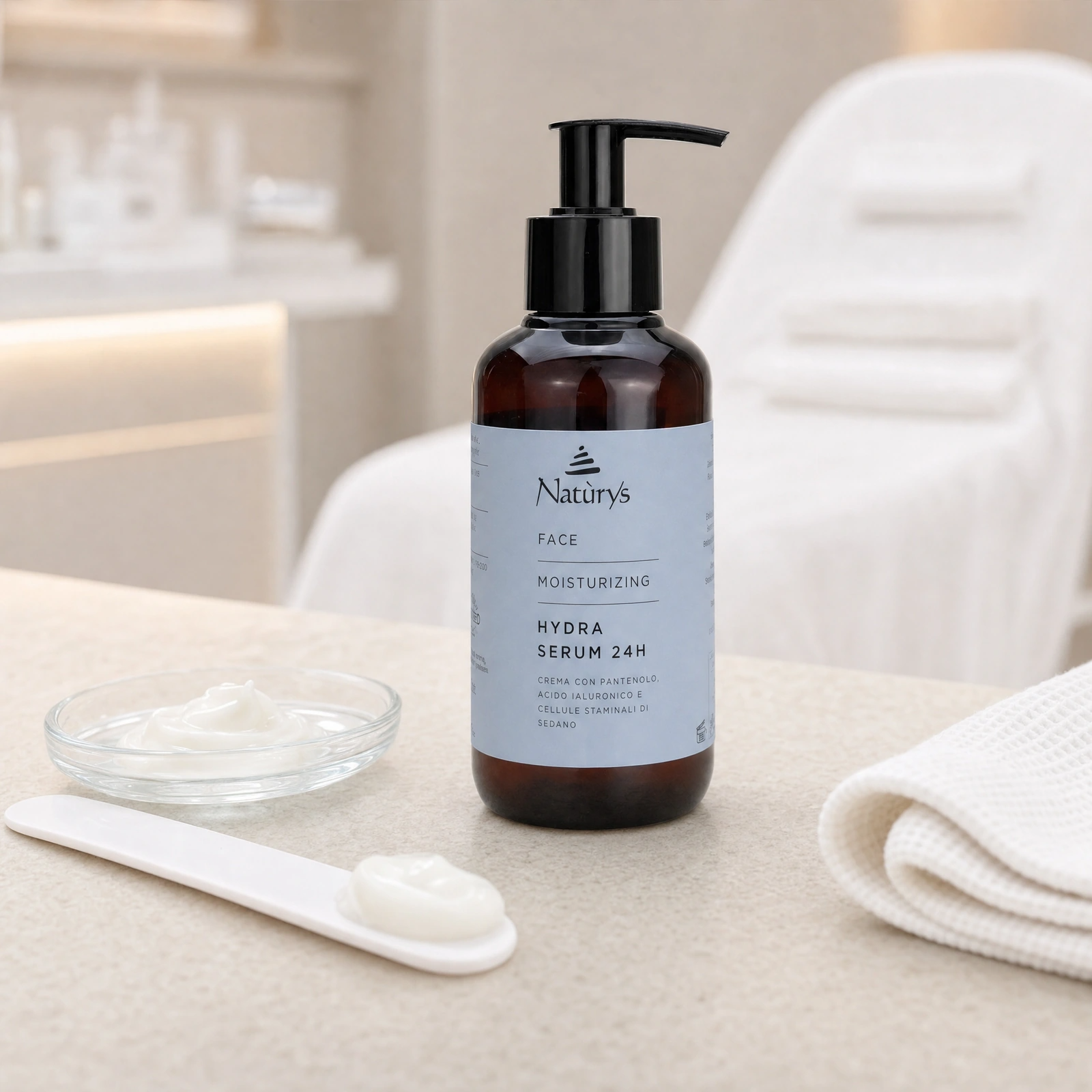 Naturys Moisturising Hydra Cream 24H 250ml displayed in a premium clinical treatment-room setting for professional 24-hour hydration, fine-line smoothing and revitalising cream protocols.