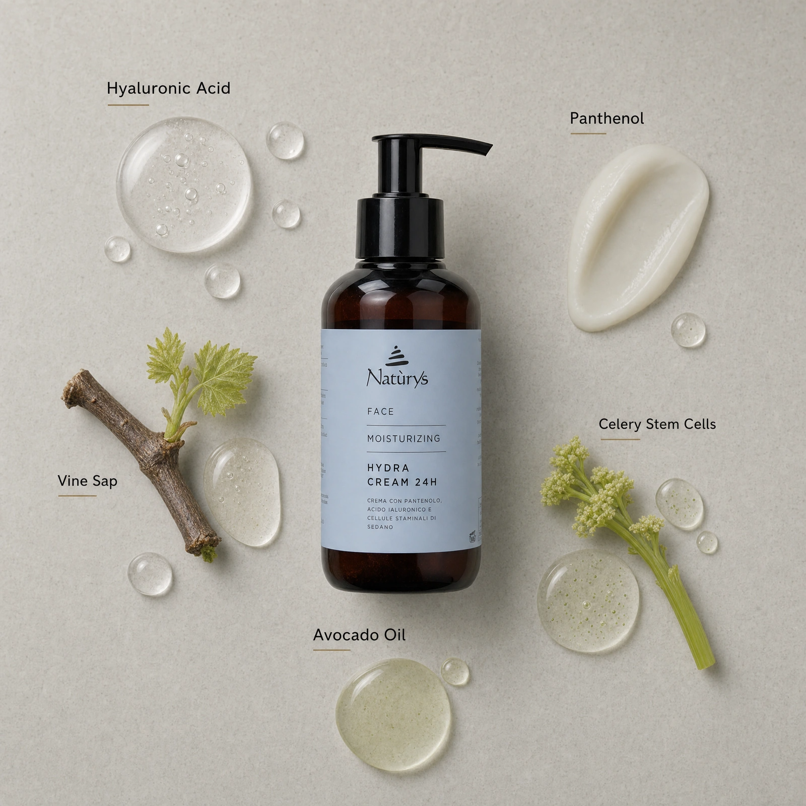 Naturys Moisturising Hydra Cream 24H 250ml ingredient flatlay with Hyaluronic Acid, Panthenol, Celery Stem Cells, Avocado Oil and Vine Sap.