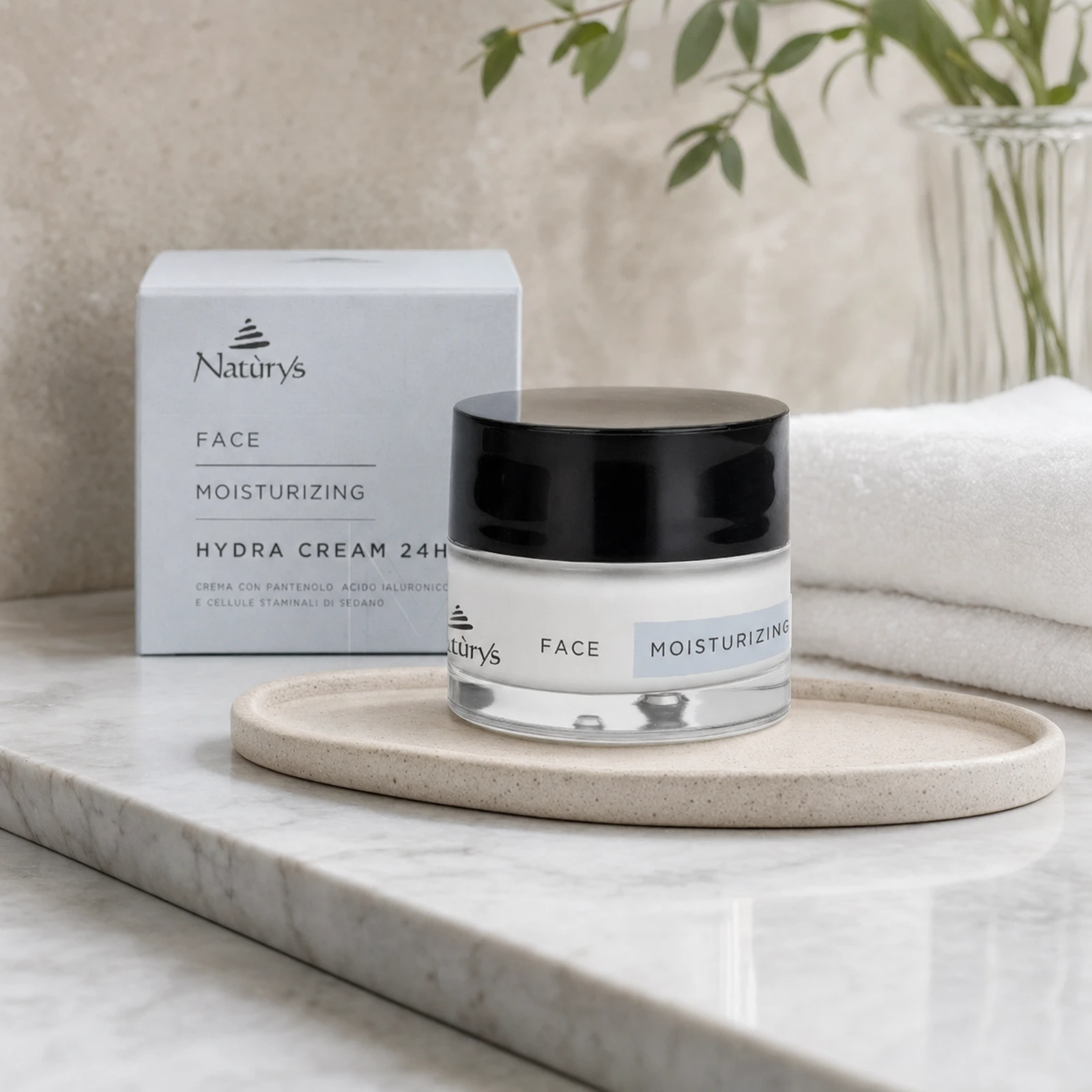 Natury's Face Moisturizing Hydra Cream 24H jar on a marble surface with a box in the background.