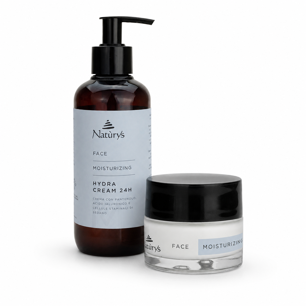Naturys Moisturising Hydra Cream 24H retail and professional variant image showing the 50ml retail jar and larger 250ml professional amber pump bottle together on a clean white background.