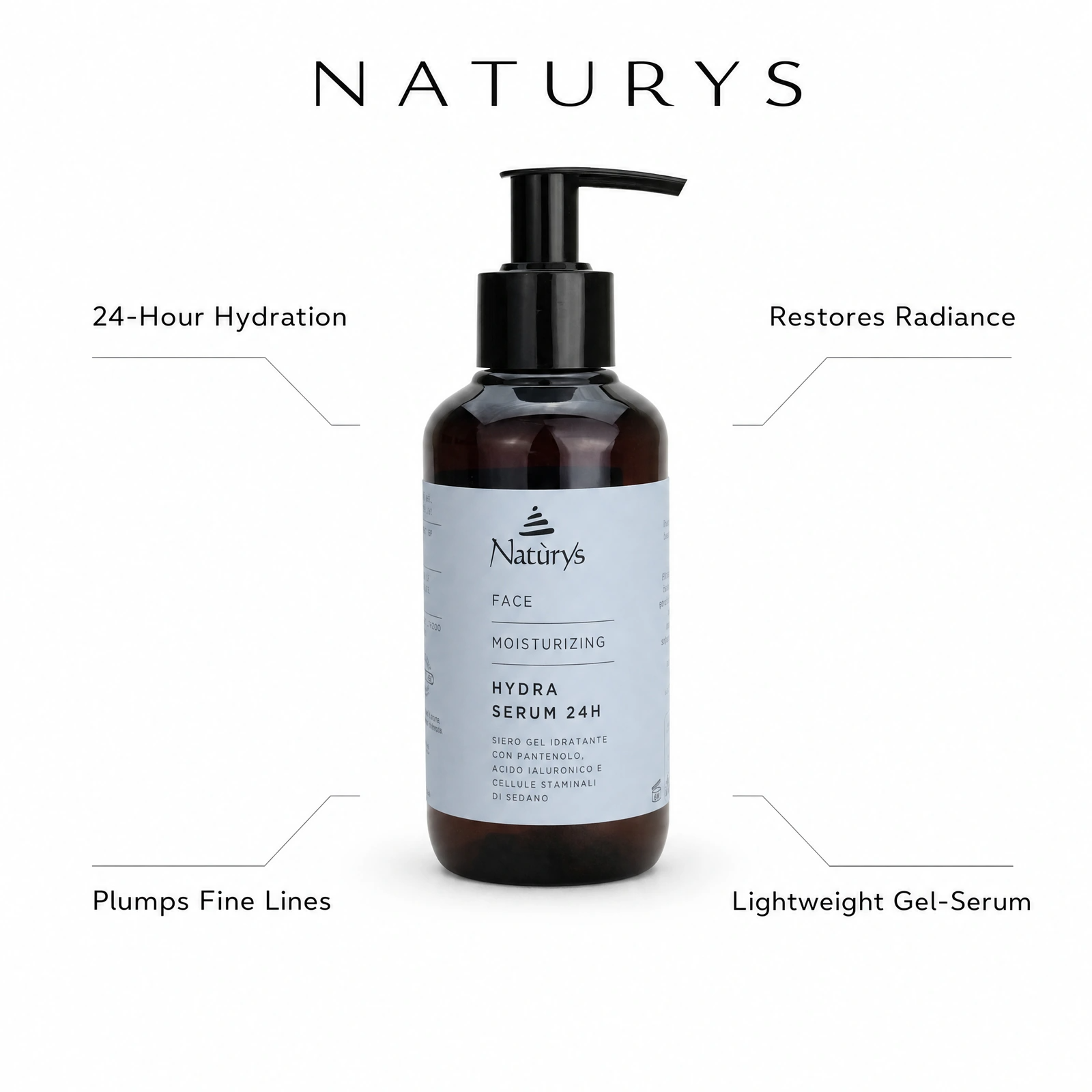 Naturys Moisturising Hydra Serum 24H 100ml with professional benefit callouts for 24-hour hydration, plumping fine lines, restoring radiance and lightweight gel-serum hydration.