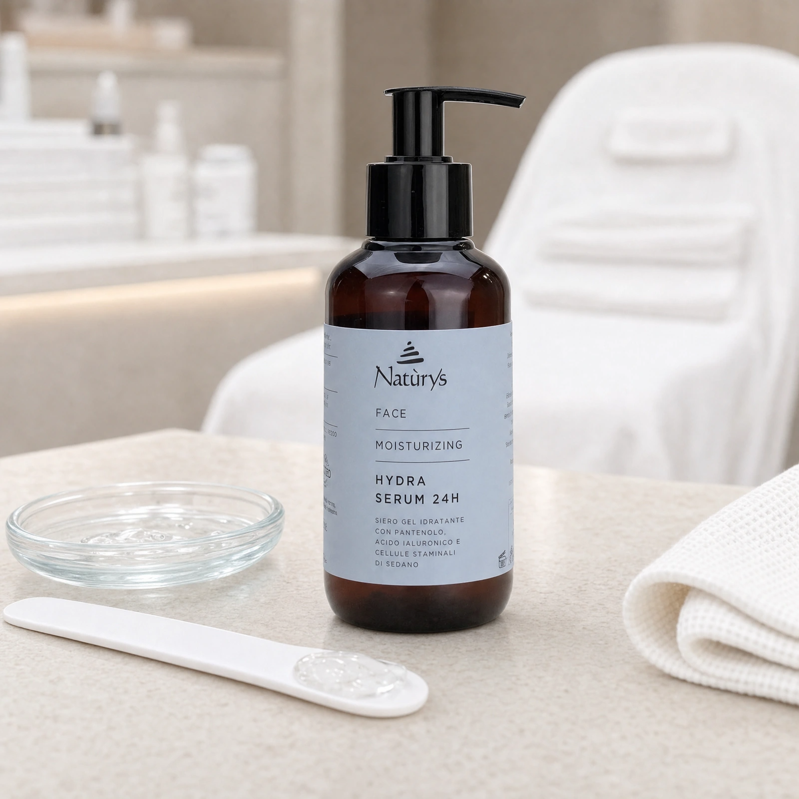 Naturys Moisturising Hydra Serum 24H 100ml displayed in a premium clinical treatment-room setting for professional 24-hour hydration, plumping and radiance protocols.