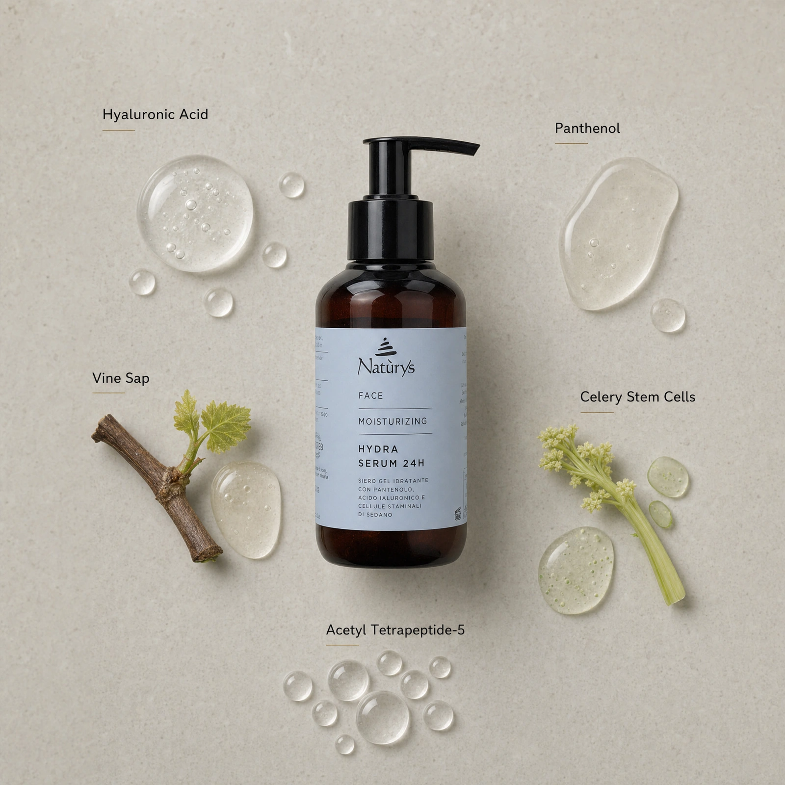 Naturys Moisturising Hydra Serum 24H 100ml ingredient flatlay with Hyaluronic Acid, Panthenol, Vine Sap, Celery Stem Cells and Acetyl Tetrapeptide-5.