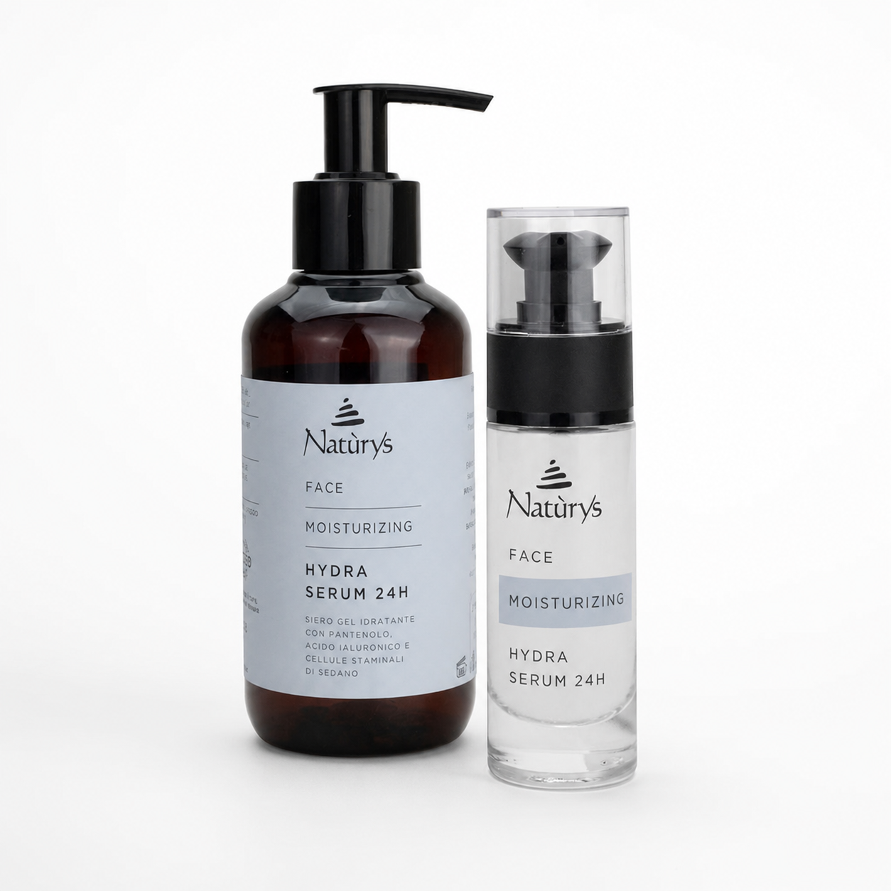 Naturys Moisturising Hydra Serum 24H retail and professional variant image showing the 30ml retail pump bottle and larger professional 100ml amber pump bottle together on a clean white background.