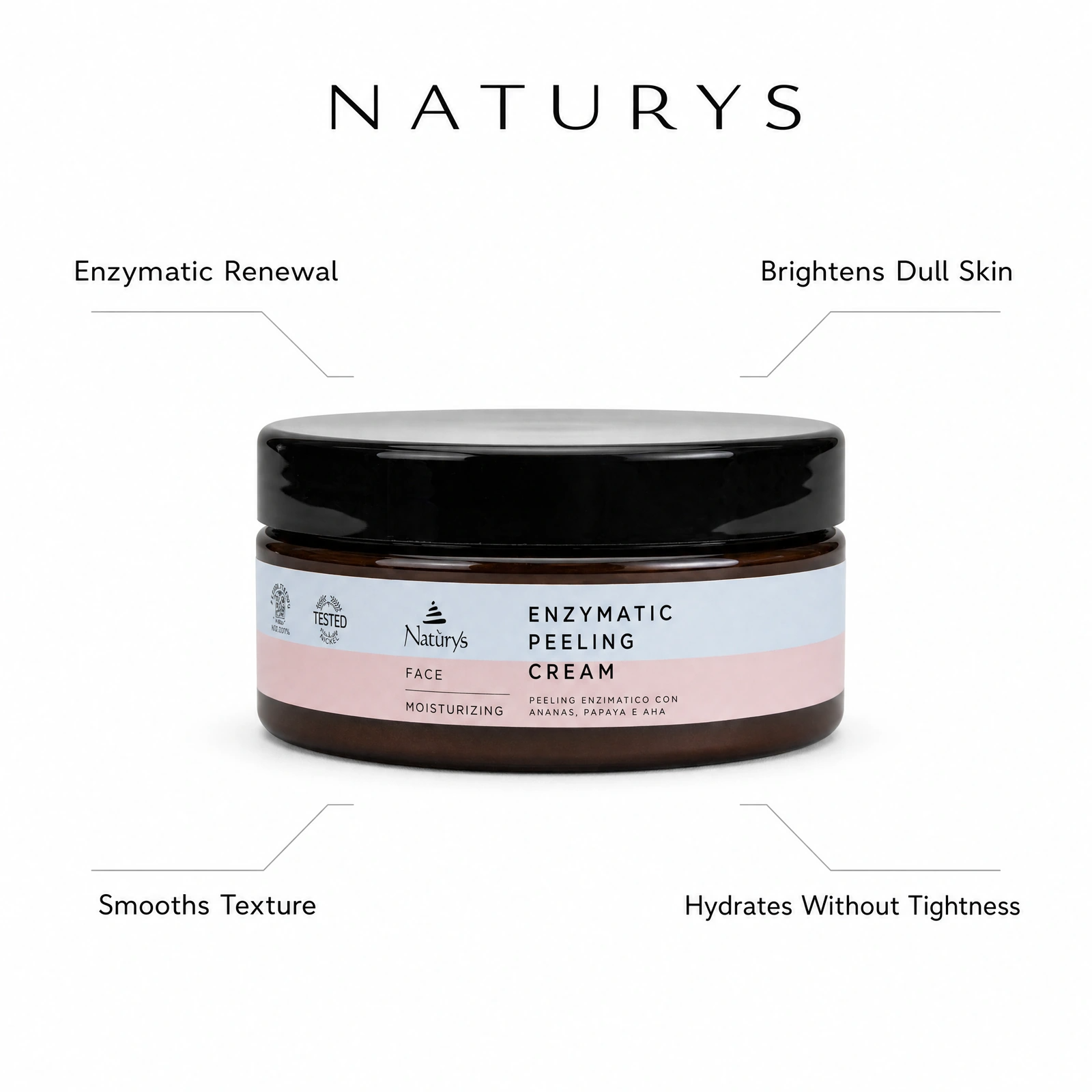 Naturys Moisturizing Enzymatic Peeling Cream 250ml with professional benefit callouts for enzymatic renewal, smoothing texture, brightening dull skin and hydrating without tightness.