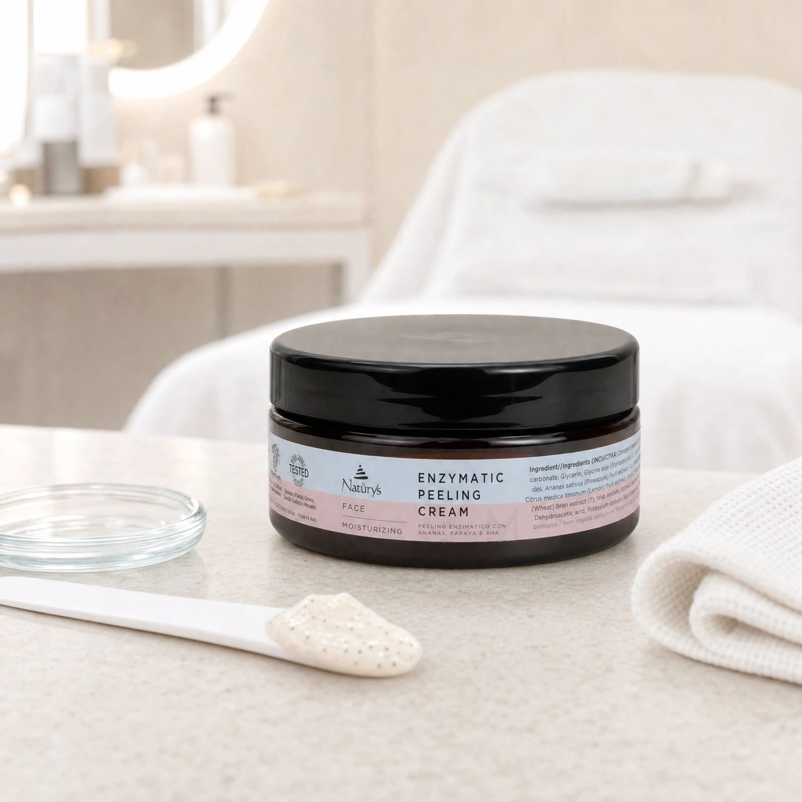 Naturys Moisturizing Enzymatic Peeling Cream 250ml displayed in a premium clinical treatment-room setting for professional enzymatic exfoliation and brightening renewal protocols.