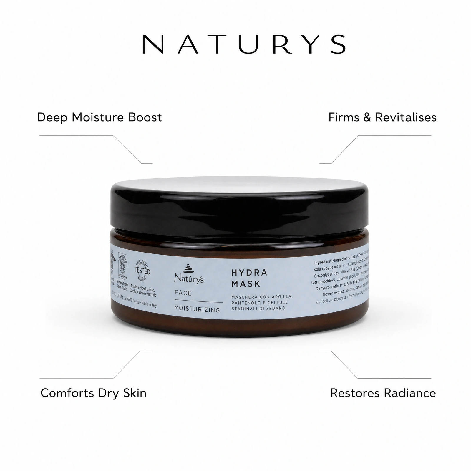 Naturys Moisturizing Hydra Mask 250ml with professional benefit callouts for deep moisture boost, comforting dry skin, firming and revitalising, and restoring radiance.