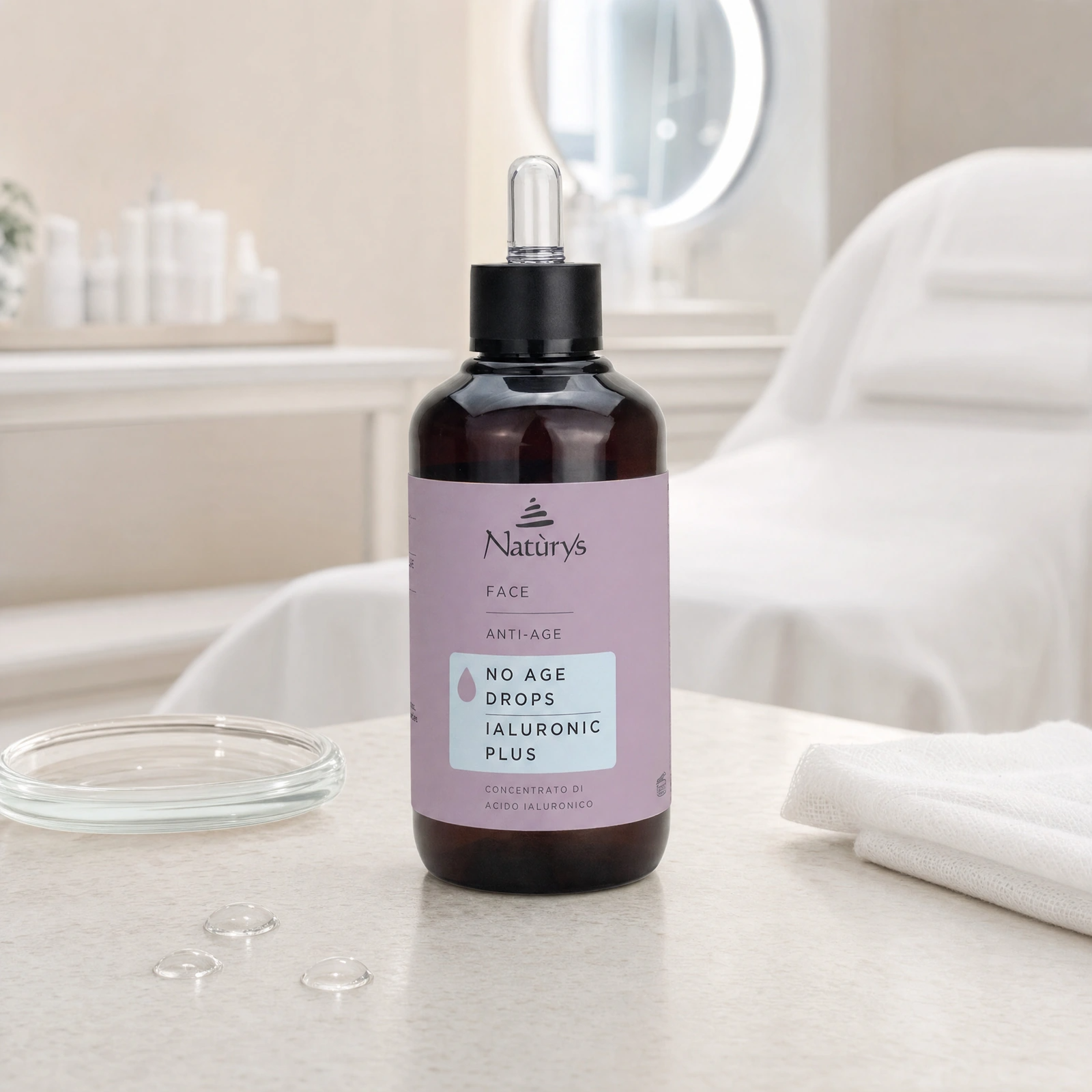 Naturys No Age Drops Hyaluronic Plus 100ml displayed in a premium clinical treatment-room setting for professional deep hydration, plumping and moisture comfort protocols.