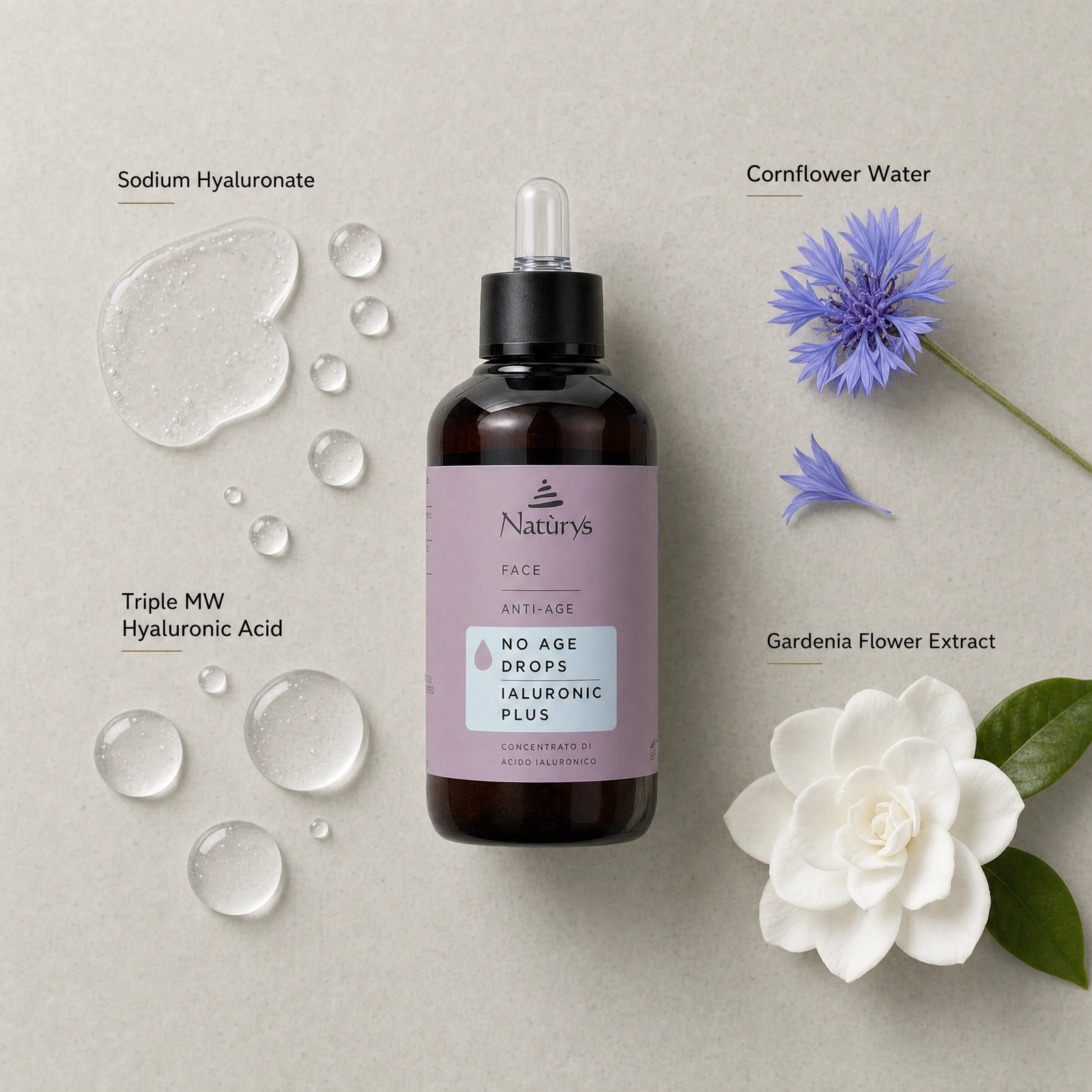 Naturys No Age Drops Hyaluronic Plus 100ml ingredient flatlay with Sodium Hyaluronate, Triple MW Hyaluronic Acid, Cornflower Water and Gardenia Flower Extract.