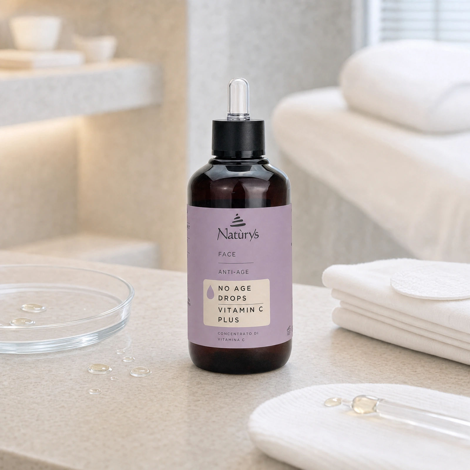 Naturys No Age Drops Vitamin C Plus 100ml displayed in a premium clinical treatment-room setting for professional brightening, antioxidant and tone-evening protocols.