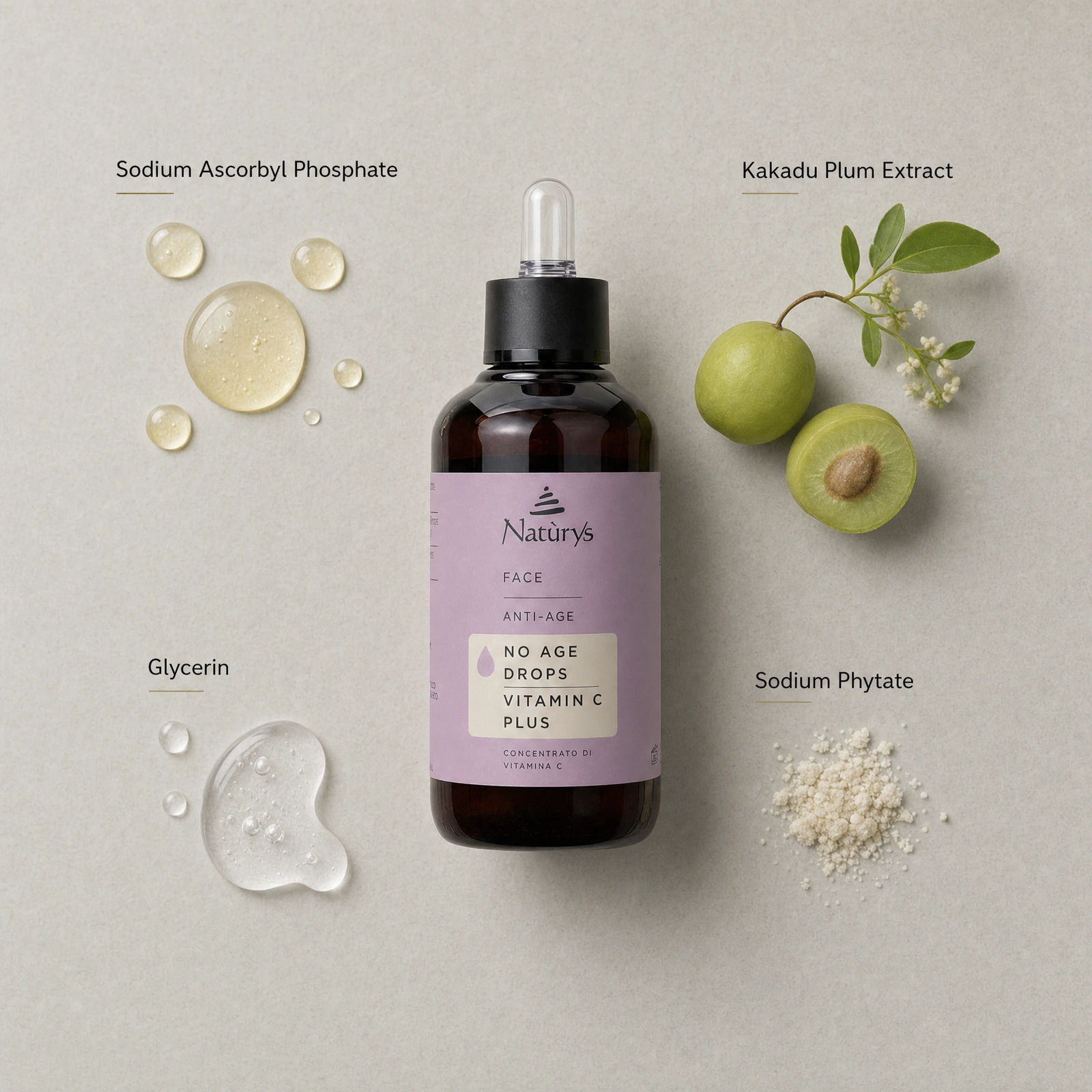Naturys No Age Drops Vitamin C Plus 100ml ingredient flatlay with Sodium Ascorbyl Phosphate, Kakadu Plum Extract, Glycerin and Sodium Phytate.