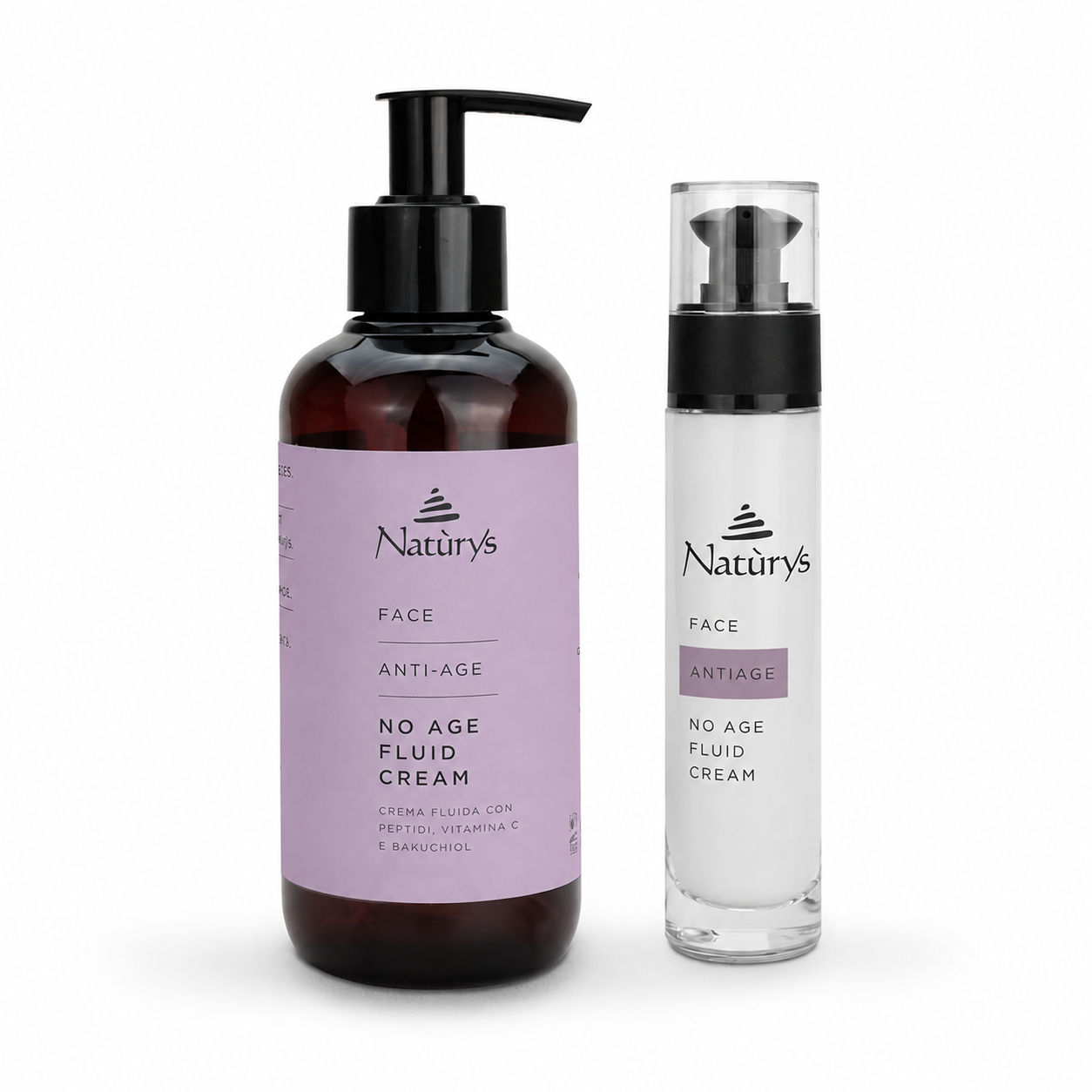 Naturys No Age Fluid Cream duo showing the 250 ml professional pump bottle and 50 ml retail airless pump bottle side by side for anti-ageing skincare with peptides, vitamin C and bakuchiol