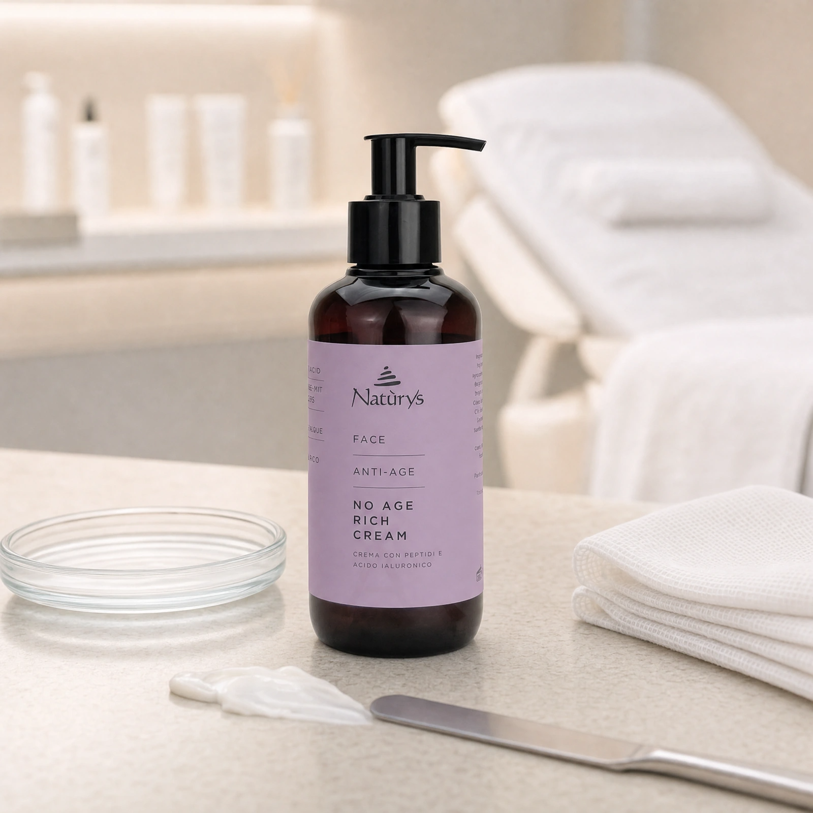 Naturys No Age Rich Cream 250ml displayed in a premium clinical treatment-room setting for professional mature-skin firming, nourishment and anti-ageing cream protocols.