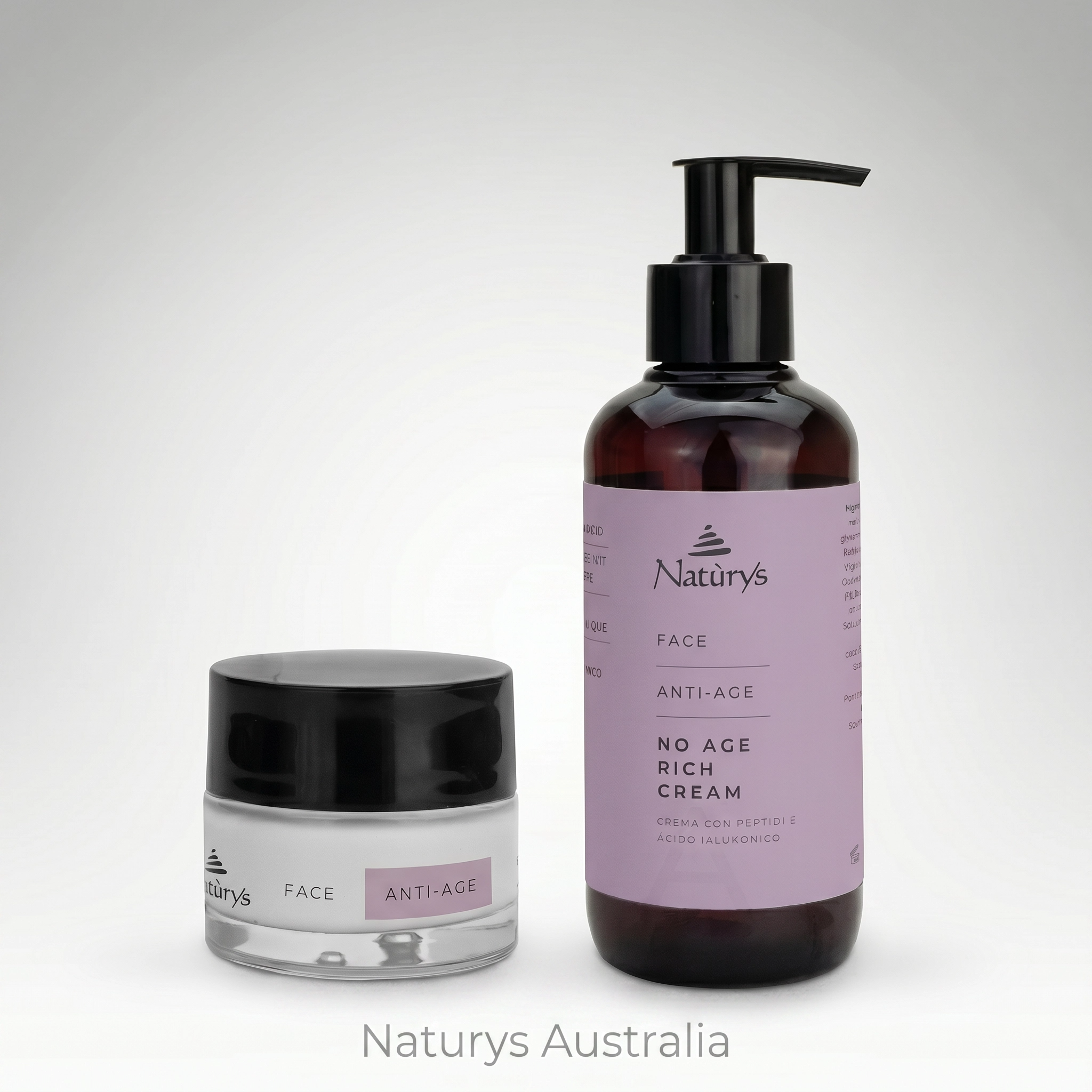 Recommended alt text: Naturys No Age Rich Cream 50ml jar and 250ml pump bottle displayed side by side on a soft neutral clinical background with a subtle Naturys Australia watermark at the bottom.