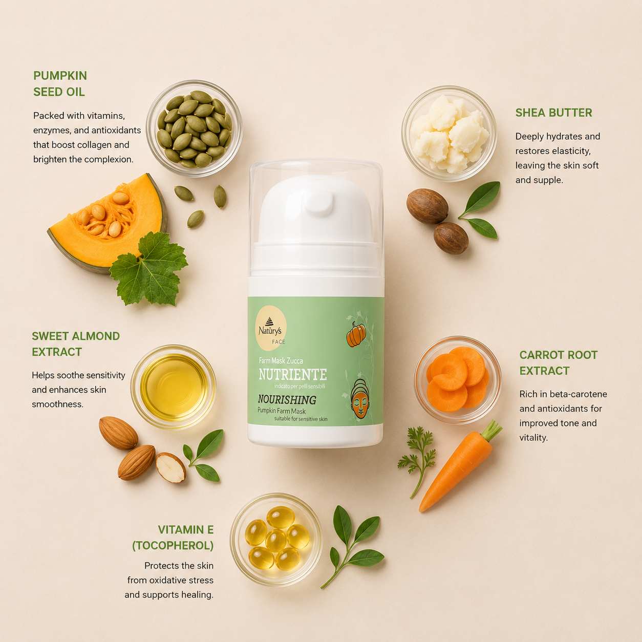 Naturys Nourishing Pumpkin Farm Mask ingredient flatlay featuring pumpkin seed oil, shea butter, sweet almond extract, carrot root extract and vitamin E arranged in a clean minimal skincare composition on a soft neutral background