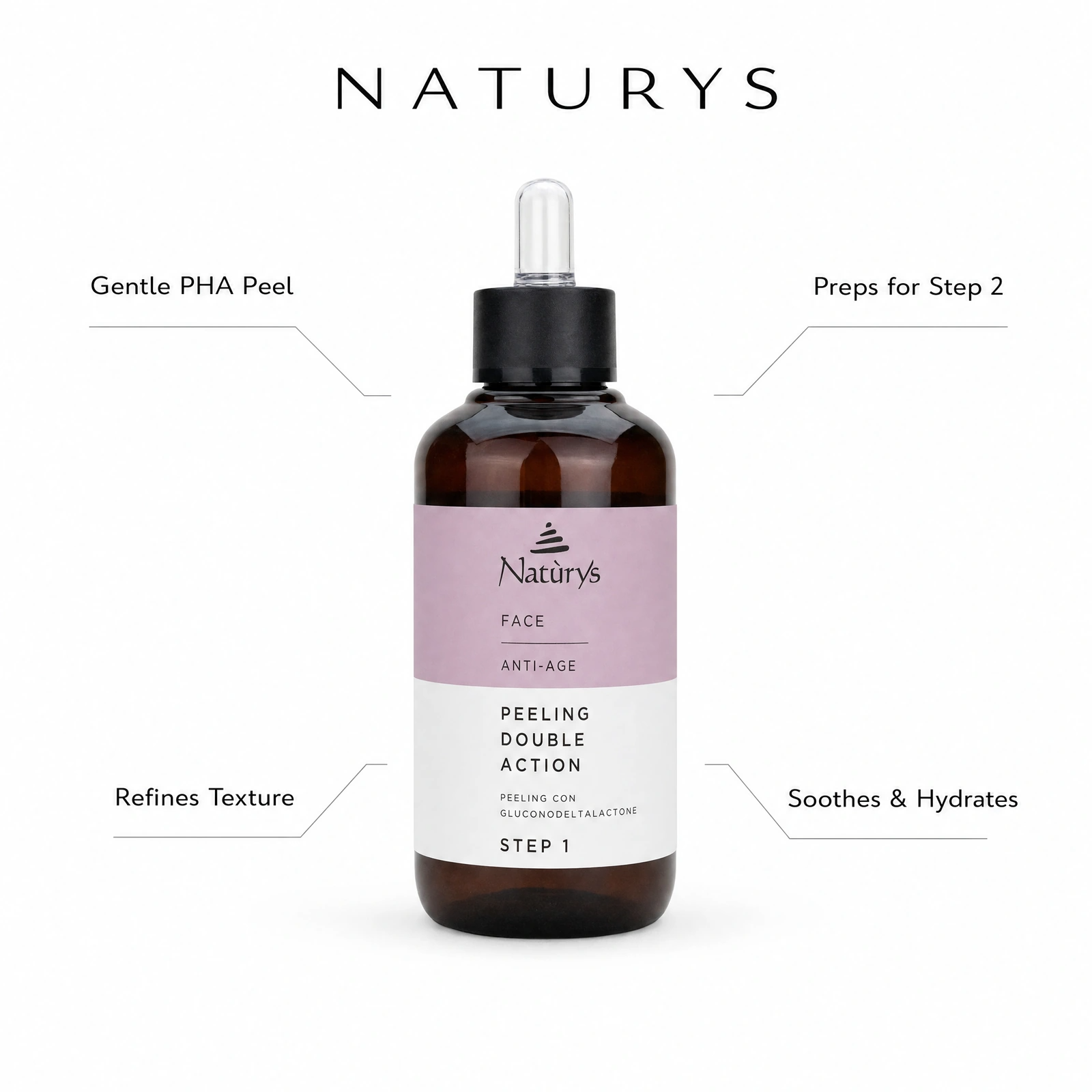 Naturys Peeling Double Action Step 1 100ml with professional benefit callouts for gentle PHA peeling, texture refinement, Step 2 preparation, and soothing hydration during exfoliation.
