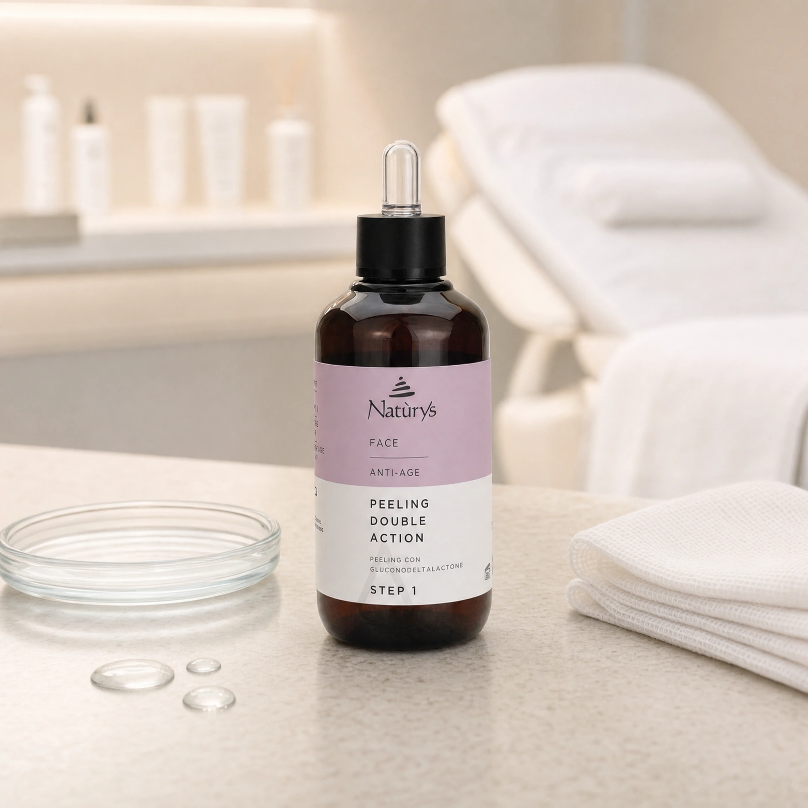 Naturys Peeling Double Action Step 1 100ml displayed in a premium clinical treatment-room setting for professional gentle PHA peel preparation and renewal protocols.