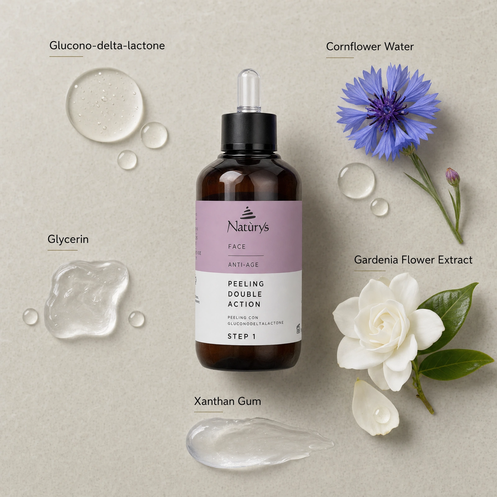 Naturys Peeling Double Action Step 1 100ml ingredient flatlay with Glucono-delta-lactone, Cornflower Water, Glycerin, Gardenia Flower Extract and Xanthan Gum.