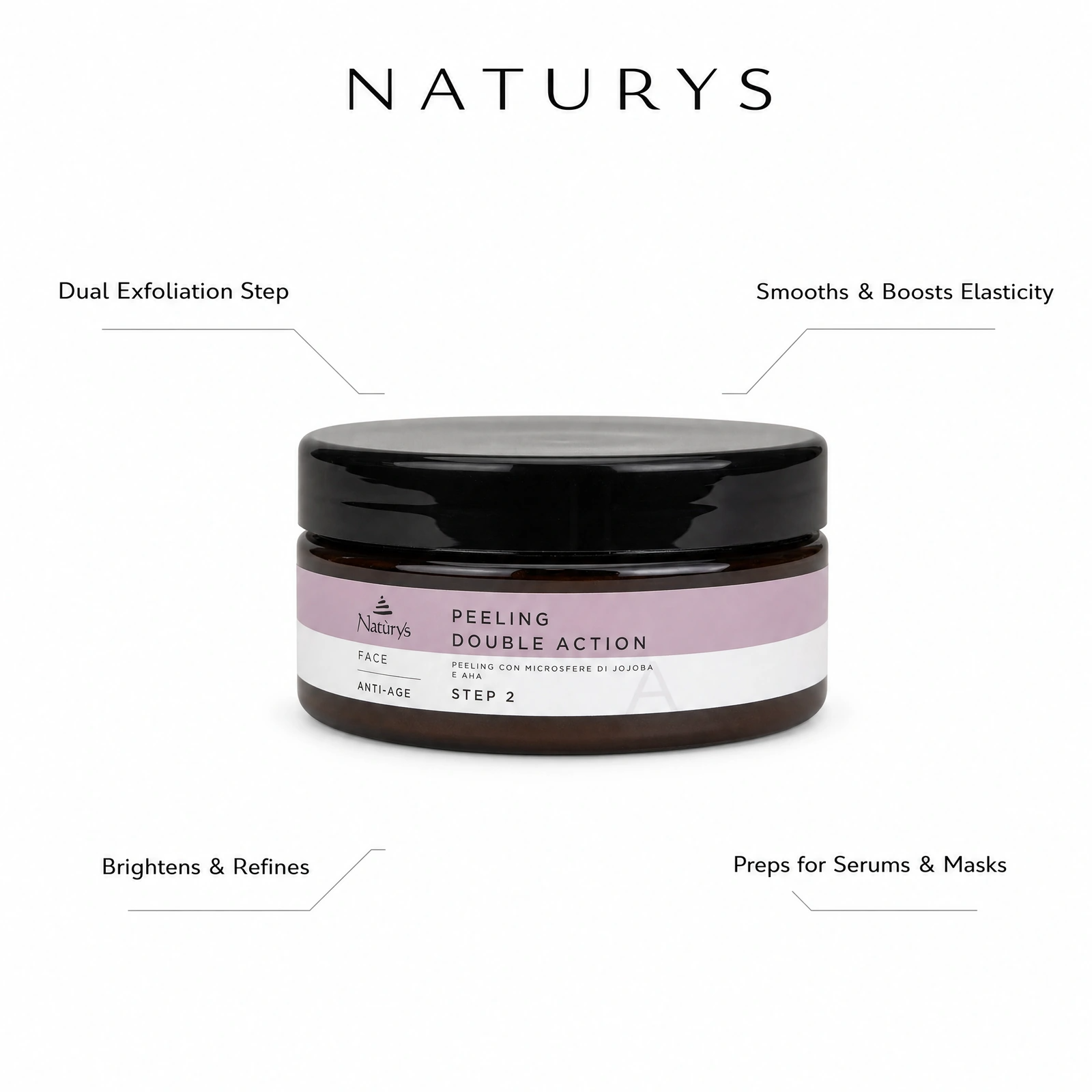 Naturys Peeling Double Action Step 2 250ml with professional benefit callouts for dual exfoliation, brightening and refining, smoothing and elasticity support, and prepping skin for serums and masks.