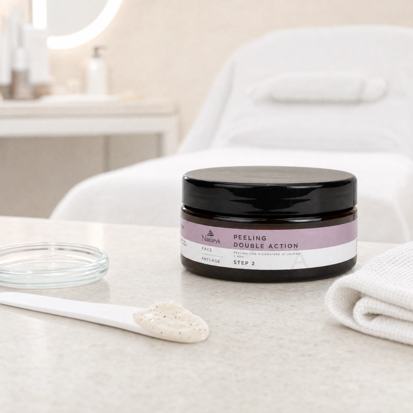 Naturys Peeling Double Action Step 2 250ml displayed in a premium clinical treatment-room setting for professional dual-action exfoliation and peel-preparation protocols.