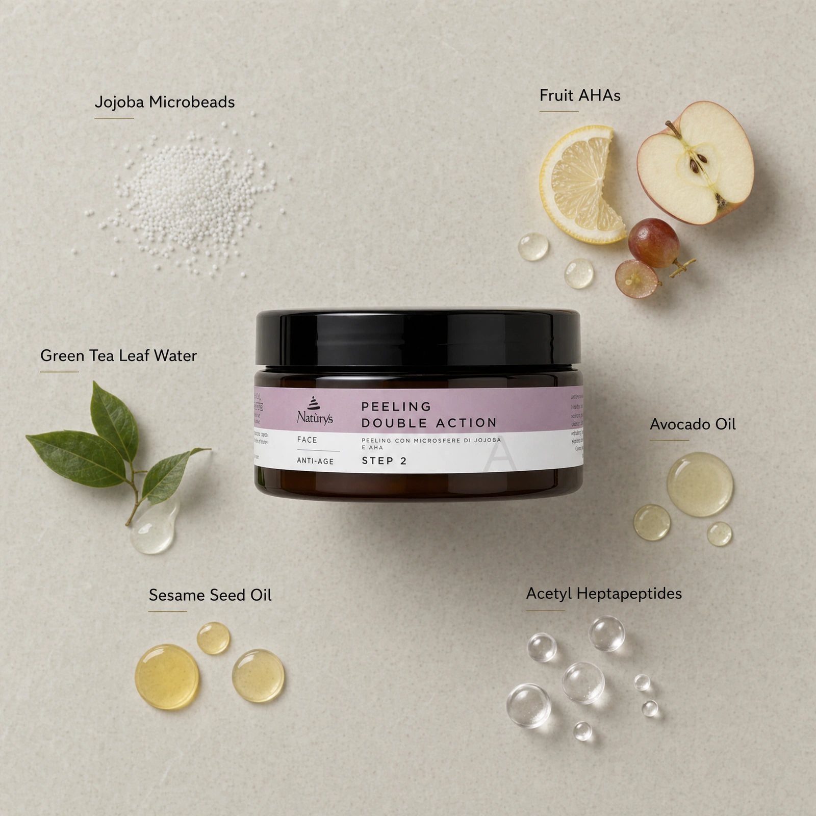 Naturys Peeling Double Action Step 2 250ml ingredient flatlay with Jojoba Microbeads, Fruit AHAs, Green Tea Leaf Water, Avocado Oil, Sesame Seed Oil and Acetyl Heptapeptides.