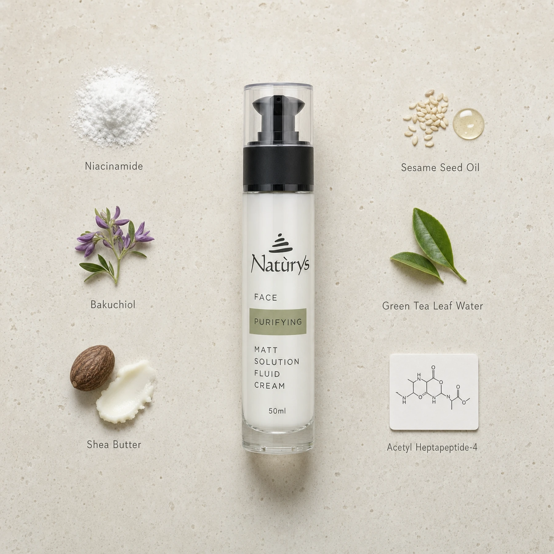 Naturys Purifying Matt Solution Fluid Cream 50ml surrounded by labelled key ingredients including Niacinamide, Bakuchiol, Shea Butter, Sesame Seed Oil, Green Tea Leaf Water and Acetyl Heptapeptide-4 on a warm cream travertine stone surface